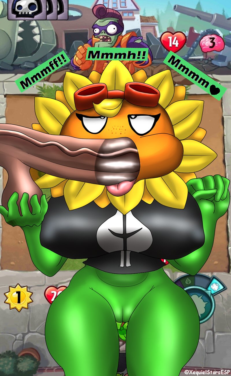big breasts, breasts, female, human on plantie, male, penis, plantie, plants vs zombies, plants vs zombies: heroes, solar flare (pvz), sucking, sucking penis, sunflower (pvz), xequiel