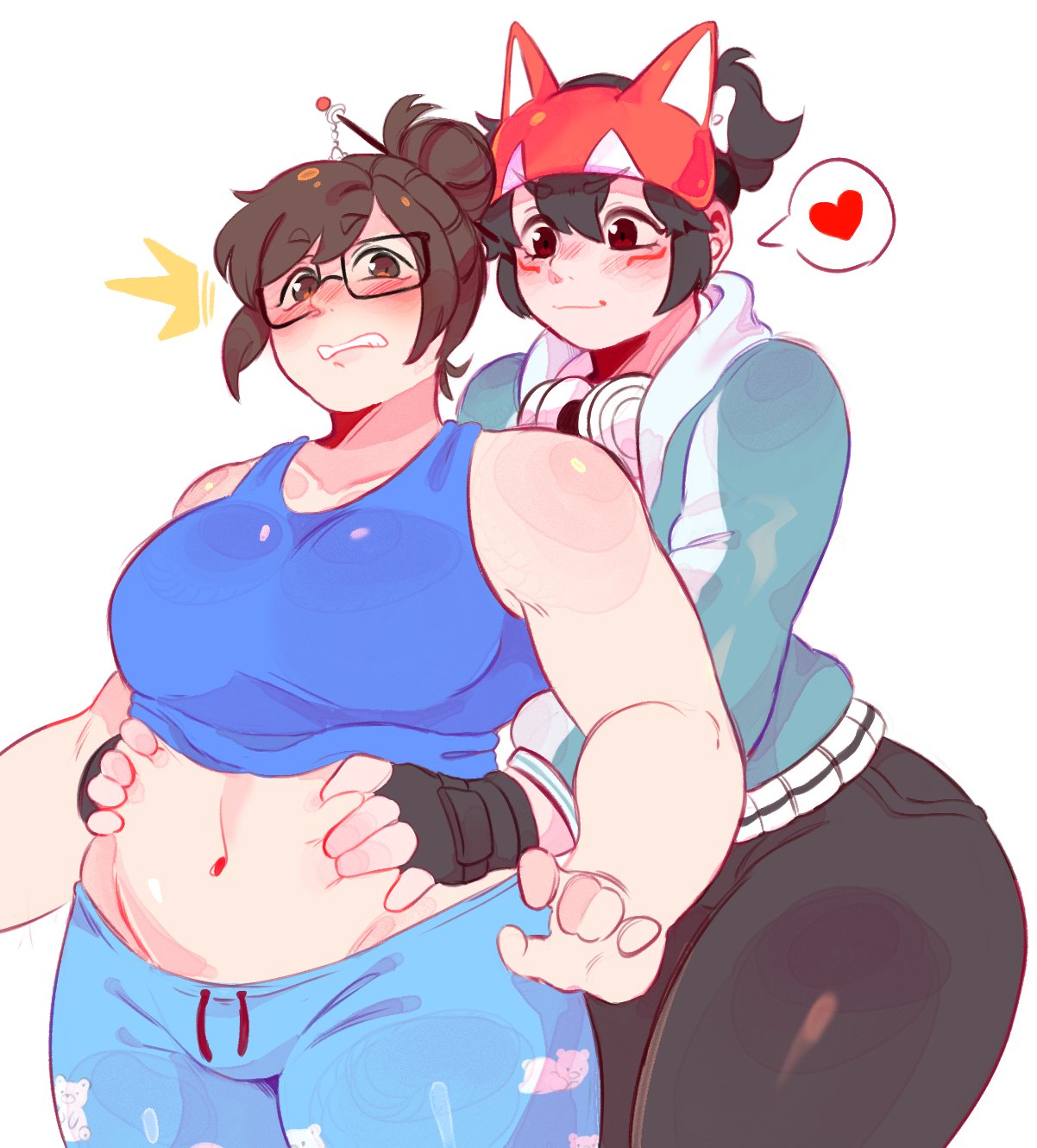 2d 2girls belly_grab black_hair blush brown_eyes brown_hair chubby clothed glasses gripping hanaarts jacket kiriko_(overwatch) medium_breasts mei_(overwatch) overwatch overwatch_2 pajamas sfw shocked stomach sukajan sukajan_kiriko suprised tank_top thick_ass thick_thighs wholesome yuri