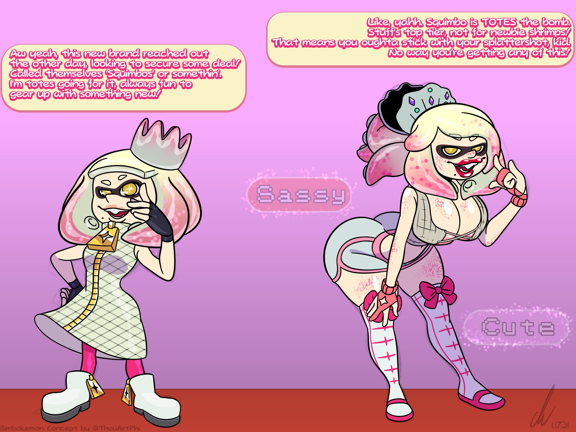 big lips, bimbo, bimbofication, booty shorts, breasts, clothed, clothing, dialogue, female, hair ornament, large breasts, lipstick, looking at viewer, pearl (splatoon), pierump, red lipstick, shorts, splatoon, splatoon 2, text, transformation