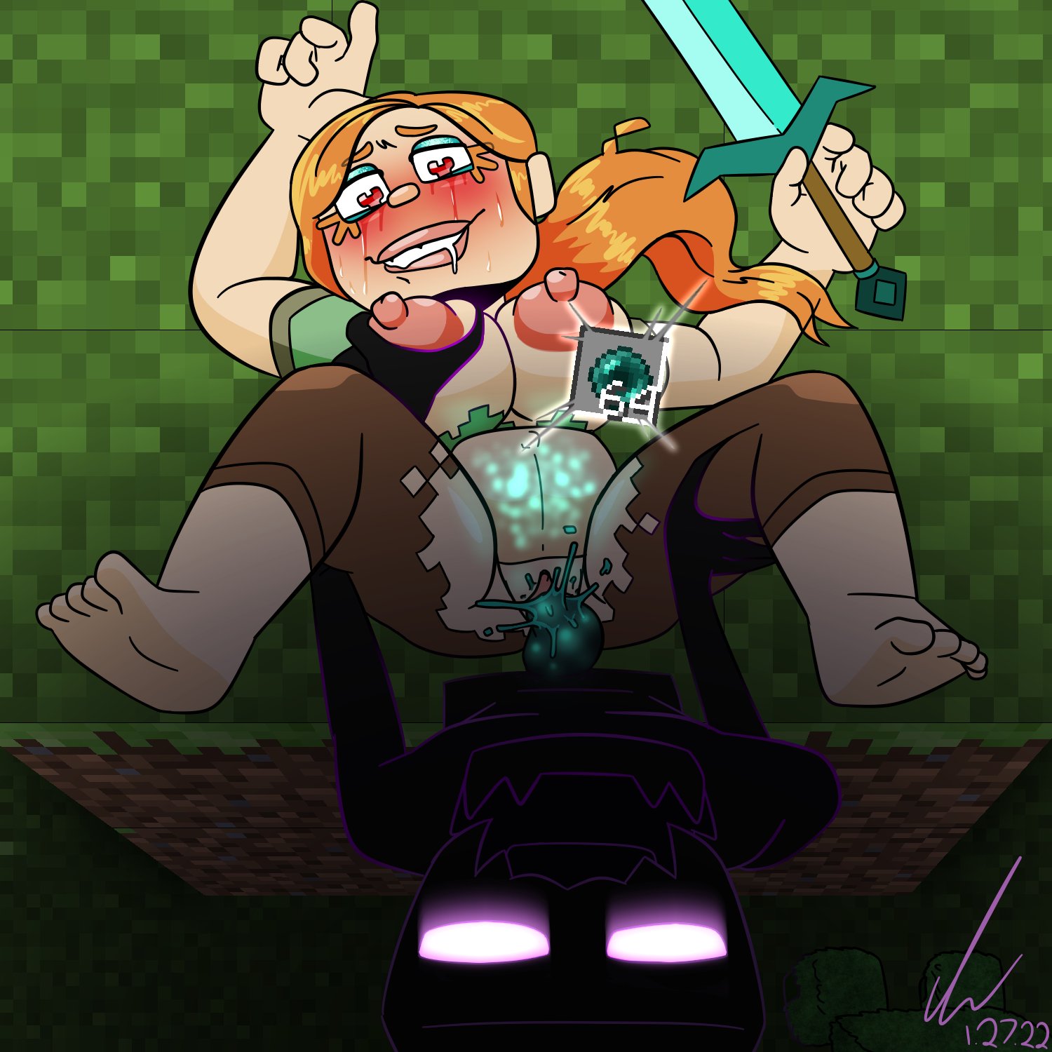 1boy, 1girls, alex (minecraft), areolae, belly, belly bulge, big belly, big lips, black body, breasts, clothed, clothing, cum, cum in pussy, cum inside, cumflation, egg implantation, enderman, eyeliner, feet, female, female human, female on monster, glowing belly, grabbing, grabbing breast, hand on breast, hand on thigh, heart, heart-shaped pupils, holding object, holding weapon, human, impregnation, inflation, interspecies, light skin, light-skinned female, male, minecraft, minecraft mob, missionary position, mob, monster, monster on female, monster on human, nipples, on back, outside, oviposition, pants, penetration, pierump, pussy, red hair, ripped clothing, ripped pants, ripped shirt, sex, shirt, square head, straight, sword, torn clothes, torn clothing, vagina, vaginal, vaginal penetration, vaginal sex, weapon