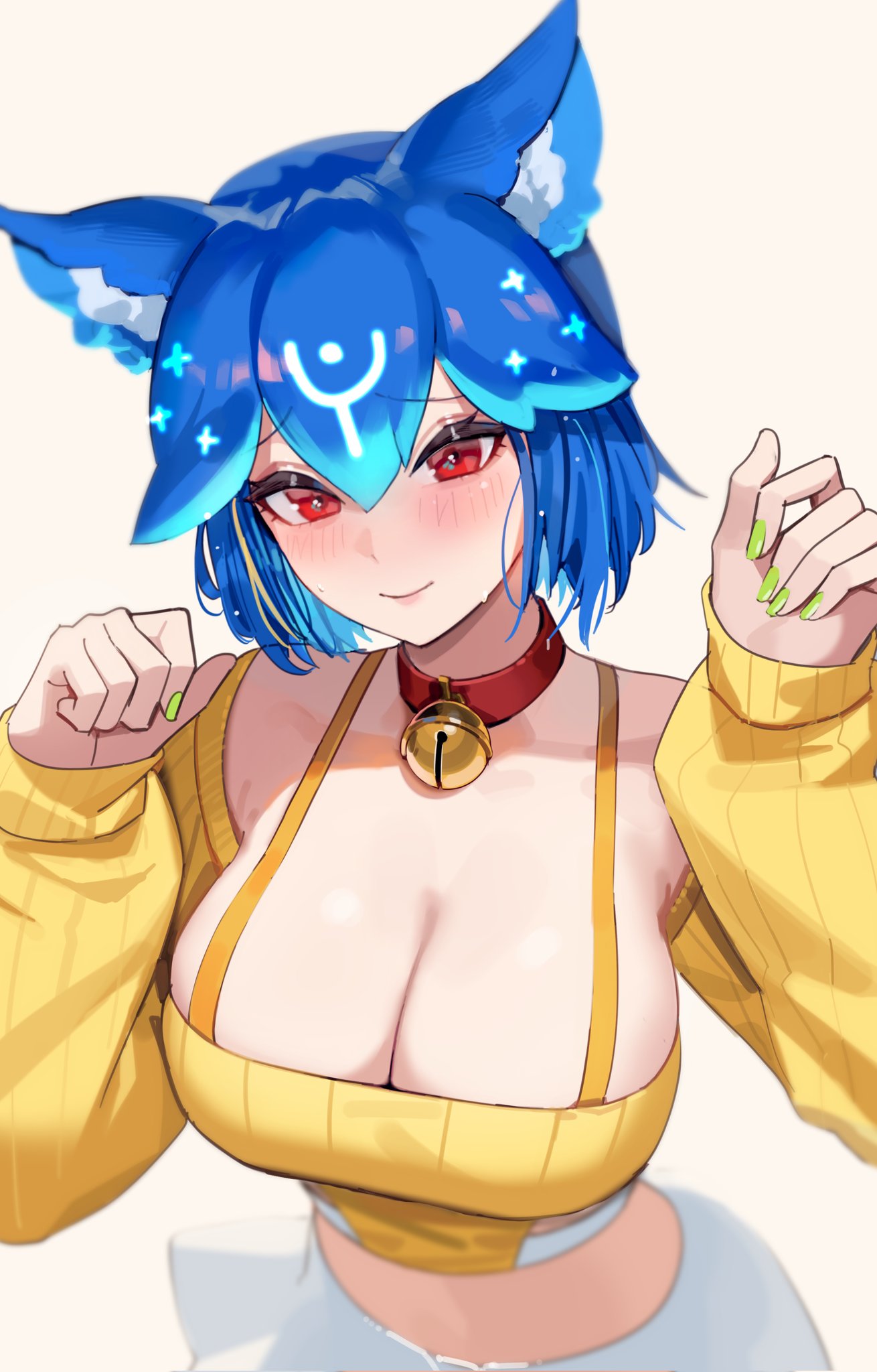 1girls alternate_breast_size animal_ears bao_(vtuber) bell_collar big_breasts blue_hair blush breasts busty camisole cat_ears cleavage clothed clothed_female clothing collar crop_top depth_of_field detached_sleeves female female_only indie_virtual_youtuber large_breasts light-skinned_female light_skin looking_at_viewer maenoo midriff neck_bell red_collar red_eyes ribbed_sleeves simple_background skirt smile solo virtual_youtuber whale_girl white_background white_skirt yellow_camisole