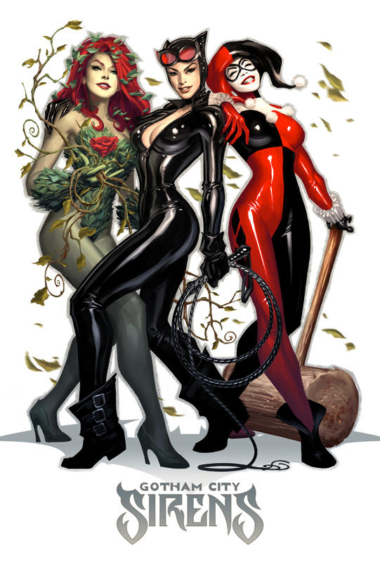 3girls artist_request batman_(series) big_breasts bodysuit boots breasts catwoman cleavage curvy curvy_figure dc dc_comics female female_only gotham_city_sirens green_skin harley_quinn harley_quinn_(classic) high_heels latex_suit mallet multiple_girls poison_ivy red_hair tight_clothing villainess whip wide_hips