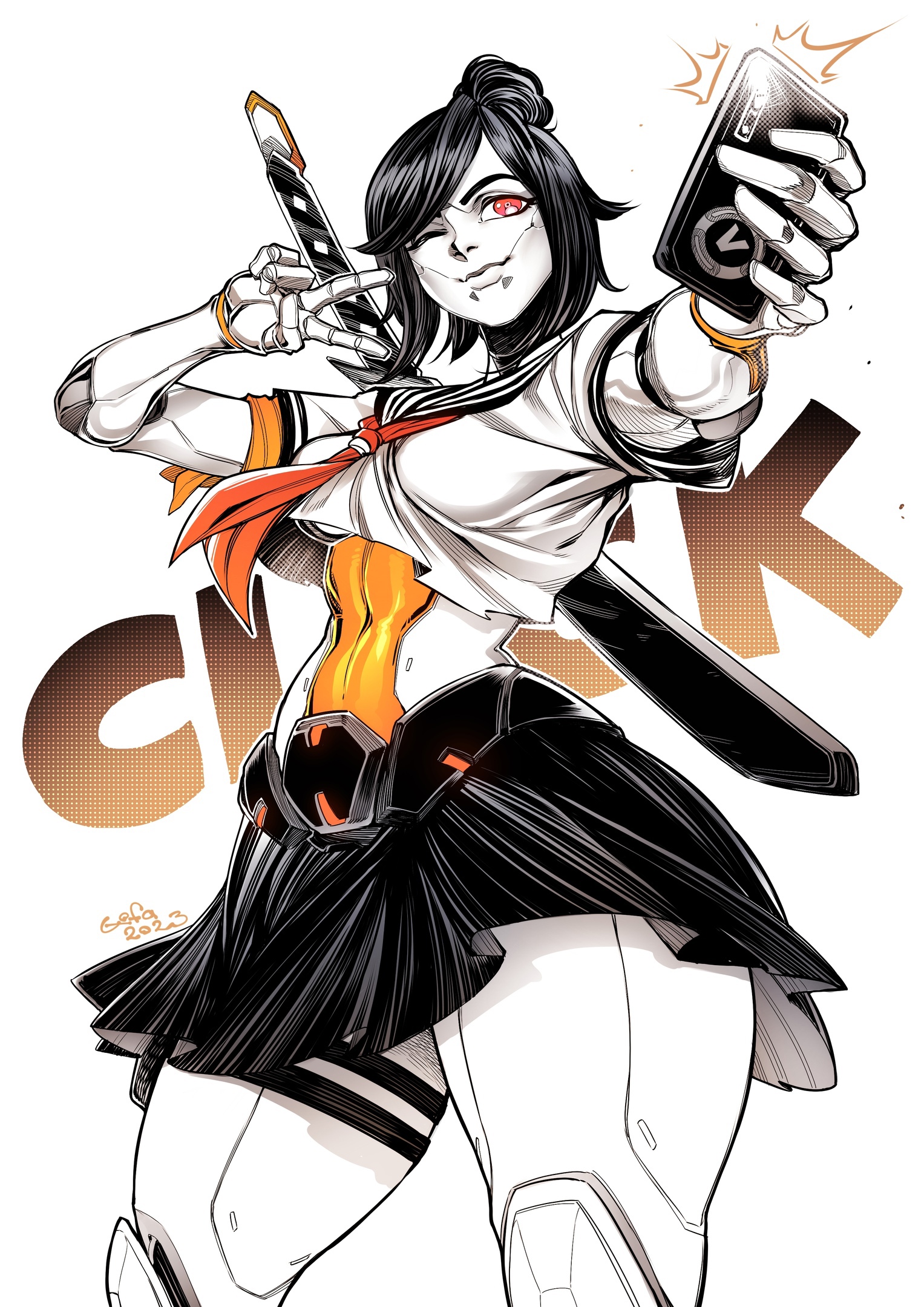 1girls, android, athletic, athletic female, black hair, cellphone, female, female only, fortnite, gofa, highres, katana, mechanical, midriff, one eye closed, peace sign, phone, red eyes, robot, robot girl, sailor uniform, selfie, skirt, smartphone, smile, solo, sword, taking picture, thick thighs, thighs, tsuki (fortnite), v sign