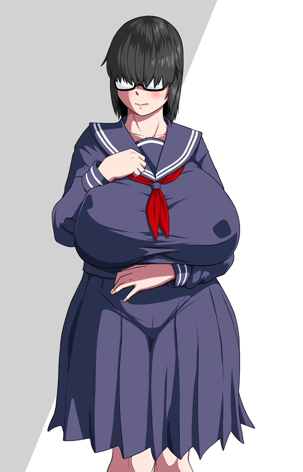 1girls big_breasts black_hair breasts breasts busty curvaceous curvy curvy_body curvy_female curvy_figure female glasses huge_breasts large_breasts ml nerd nerdy_female oneekyou original original_character plump school_uniform schoolgirl voluptuous