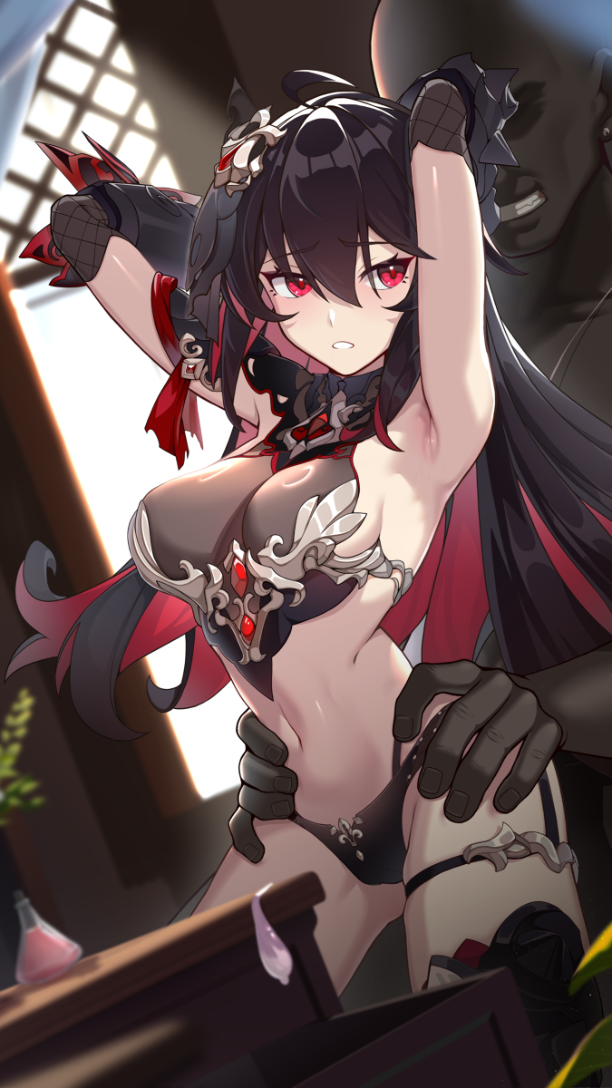 1boy antenna_hair armpits black_flower black_hair condom dark-skinned_male detached_sleeves dual_persona female flower gloves hair_ornament highres honkai_(series) honkai_impact_3rd huiqian imminent_penetration multicolored_hair ntr red_eyes seele_(alter_ego) seele_vollerei seele_vollerei_(starchasm_nyx) thighhighs used_condom