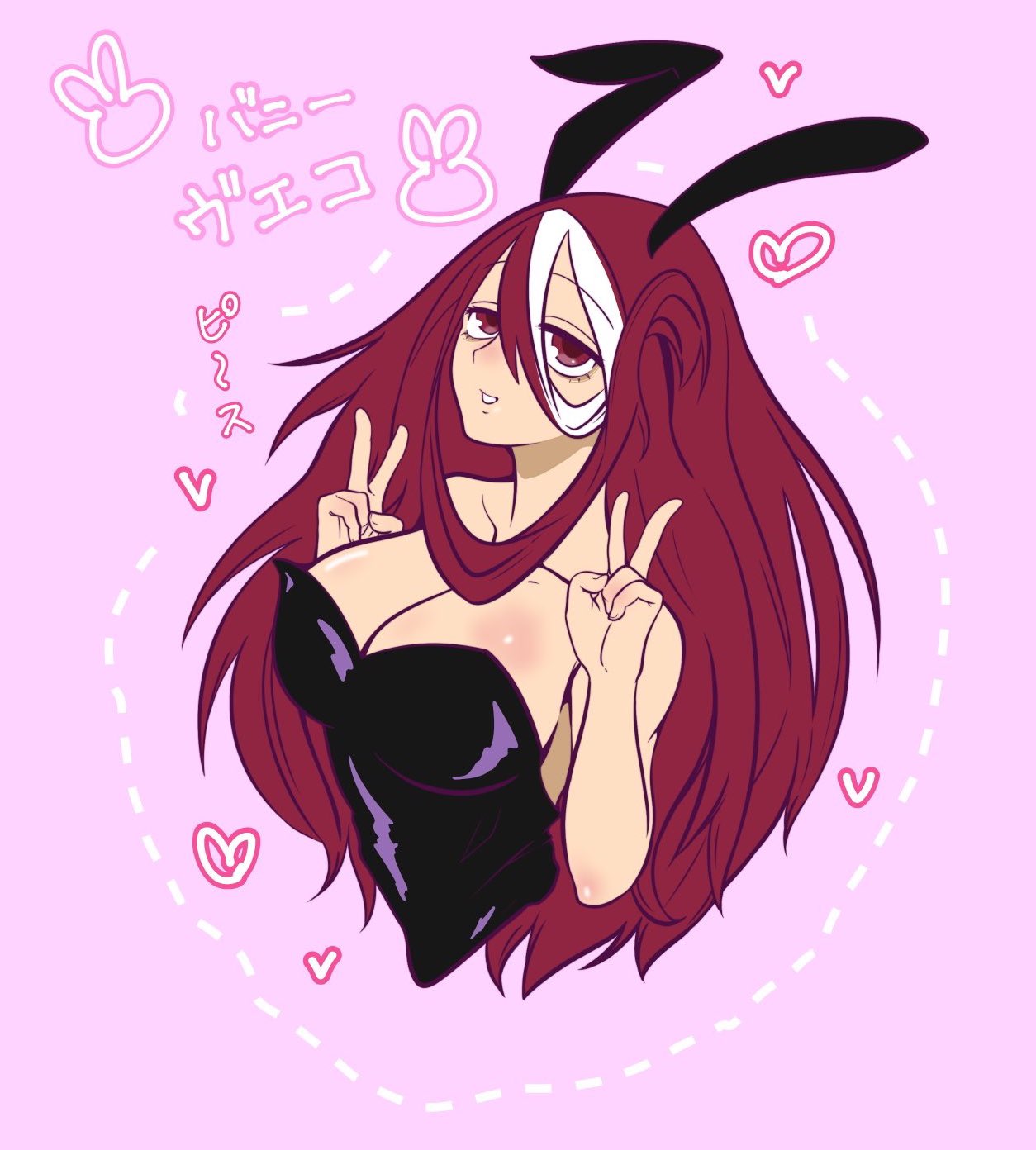 alternate_breast_size alternate_costume bags_under_eyes big_breasts bunny_ears bunny_girl bunnysuit cleavage double_v enbi_swallow female female_only hair_between_eyes half-closed_eyes long_hair looking_at_viewer made_in_abyss pink_background playboy_bunny red_eyes red_hair smile solo two_tone_hair v vueko white_streak