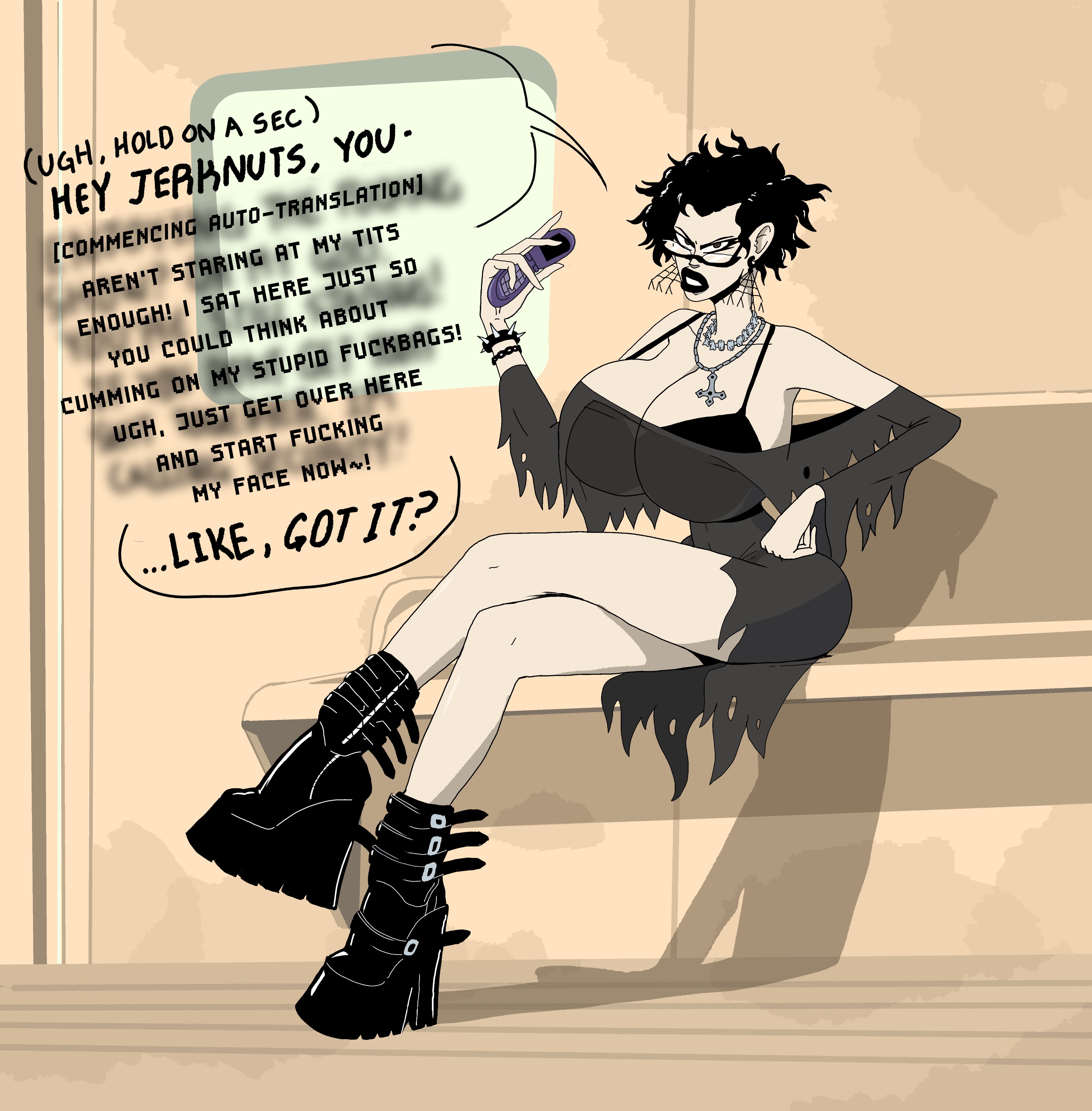 1girls, angry, annoyed, big breasts, bimbo, bimbo lips, black hair, black lipstick, boots, bra, bracelet, breasts, clothed, clothing, demanding sex, dialogue, earrings, english text, erin (putricia), female, female only, glasses, goth, hyper breasts, jewelry, leather, looking at viewer, messy hair, necklace, original character, putricia, solo, speech bubble, spiked bracelet, spikes, talking to viewer, text, upside down cross