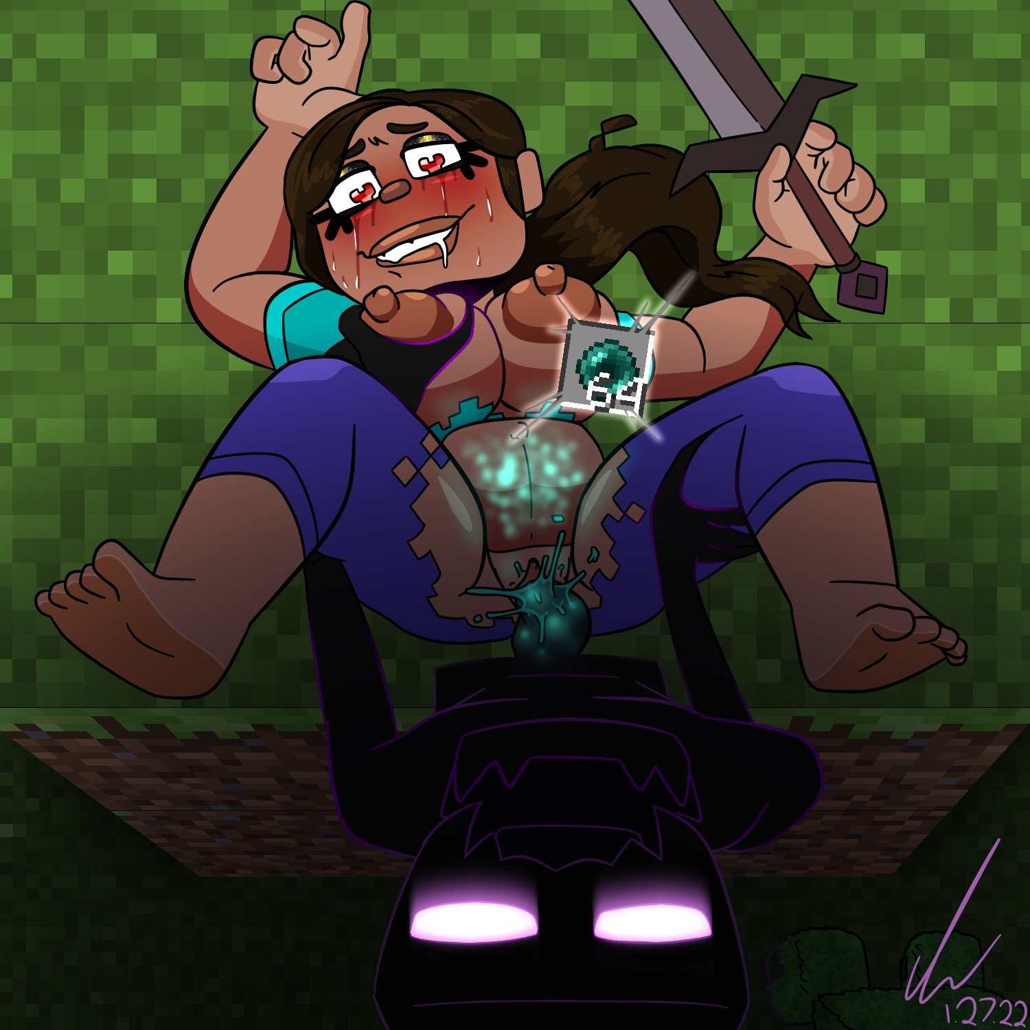 1boy, 1girls, areolae, belly, belly bulge, big belly, big lips, black body, breasts, clothed, clothing, cum, cum in pussy, cum inside, cumflation, dark skin, dark-skinned female, egg implantation, enderman, eyeliner, feet, female, glowing belly, grabbing, grabbing breast, hand on breast, hand on thigh, heart, heart-shaped pupils, holding object, holding weapon, impregnation, inflation, male, minecraft, nipples, on back, outside, oviposition, pants, penetration, pierump, pussy, ripped clothing, ripped pants, ripped shirt, rule 63, sex, shirt, steve (minecraft), straight, sword, torn clothes, torn clothing, vagina, vaginal, vaginal penetration, vaginal sex