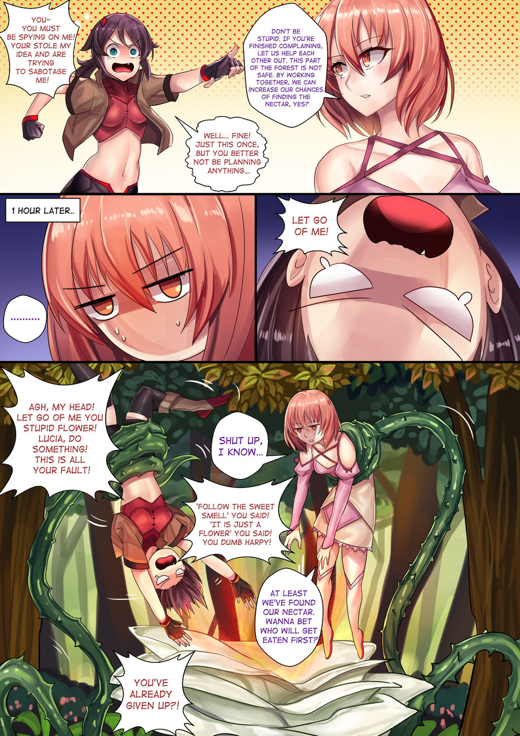 2girls acceptance alraune_(existence) ass blue_eyes brown_hair comic_page european_mythology existence fear flower forest ibenz009 jungle liliraune_(monster_girl_encyclopedia) medium_breasts monster_girl_encyclopedia mythology nectar red_hair short_hair vines