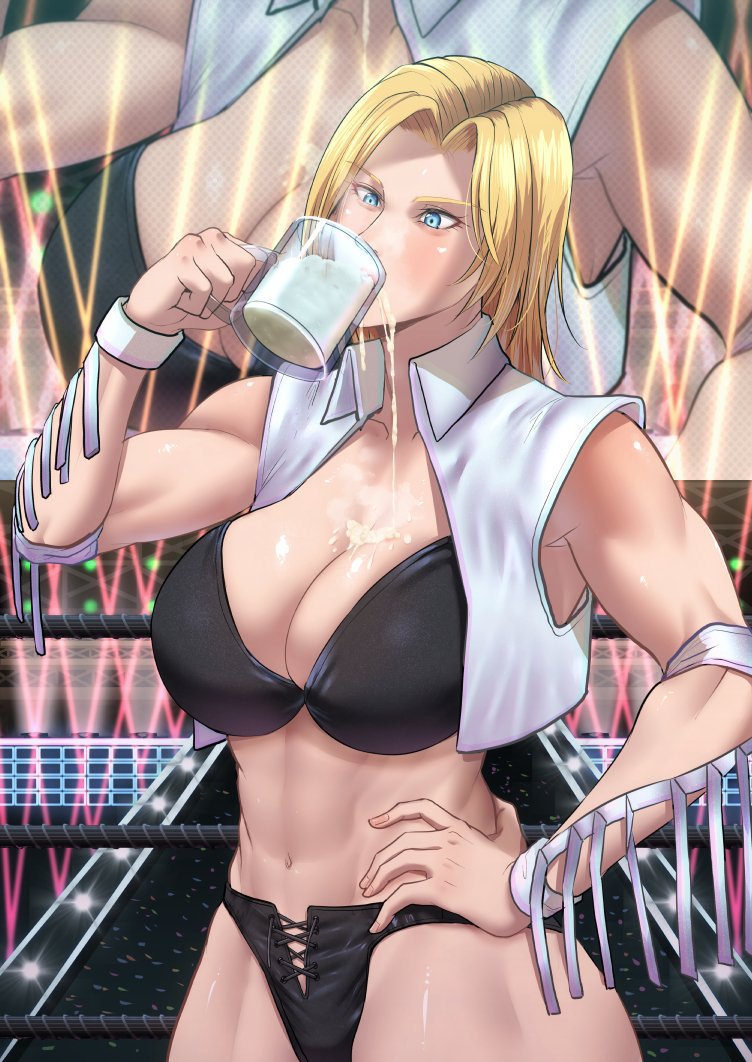 1girls, 2d, abs, athletic, athletic female, bare midriff, big breasts, blonde hair, blue eyes, breasts, busty, cleavage, cowboy shot, cum drinking, cum in container, cum on breasts, dangorou (yushi-art), dead or alive, female, female focus, female only, gokkun, hand on hip, hourglass figure, long hair, muscular, muscular female, public, public indecency, screen, solo, spilled drink, tecmo, tina armstrong, toned, toned female, vest, wide hips, wrestling, wrestling ring