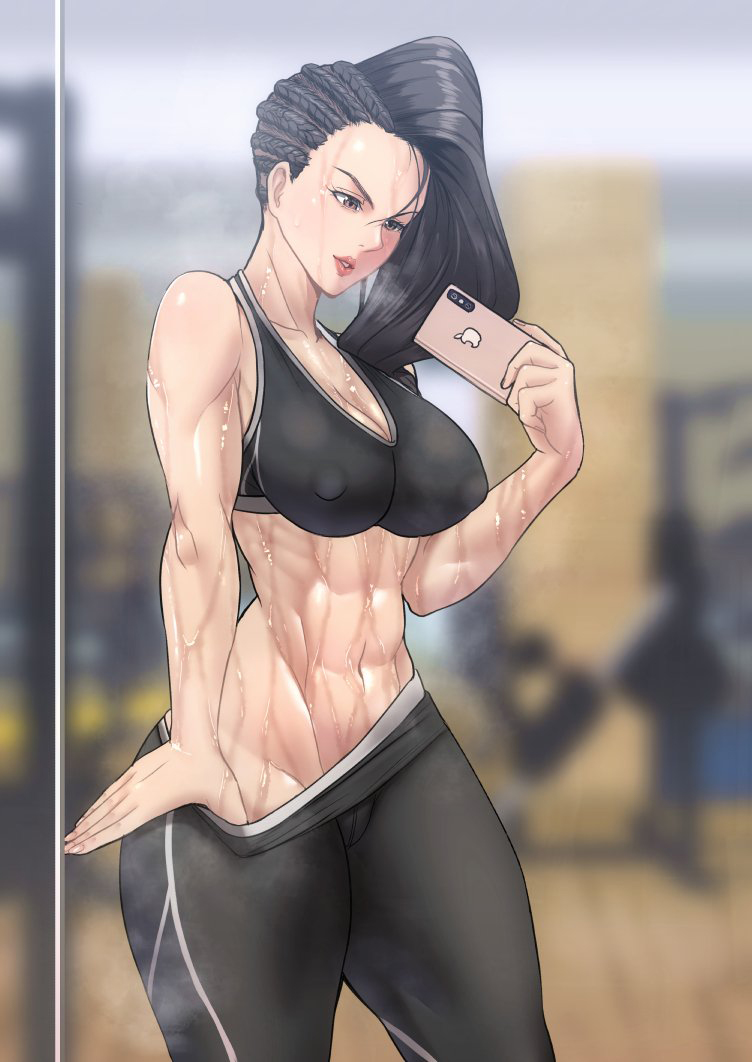 abs bare_midriff big_breasts brazil brazilian brazilian_female breasts busty capcom dangorou_(yushi-art) erect_nipples female female_focus female_only hourglass_figure latina laura_matsuda navel nipple_bulge phone selfie sports_bra sportswear street_fighter sweat tagme toned toned_female wide_hips