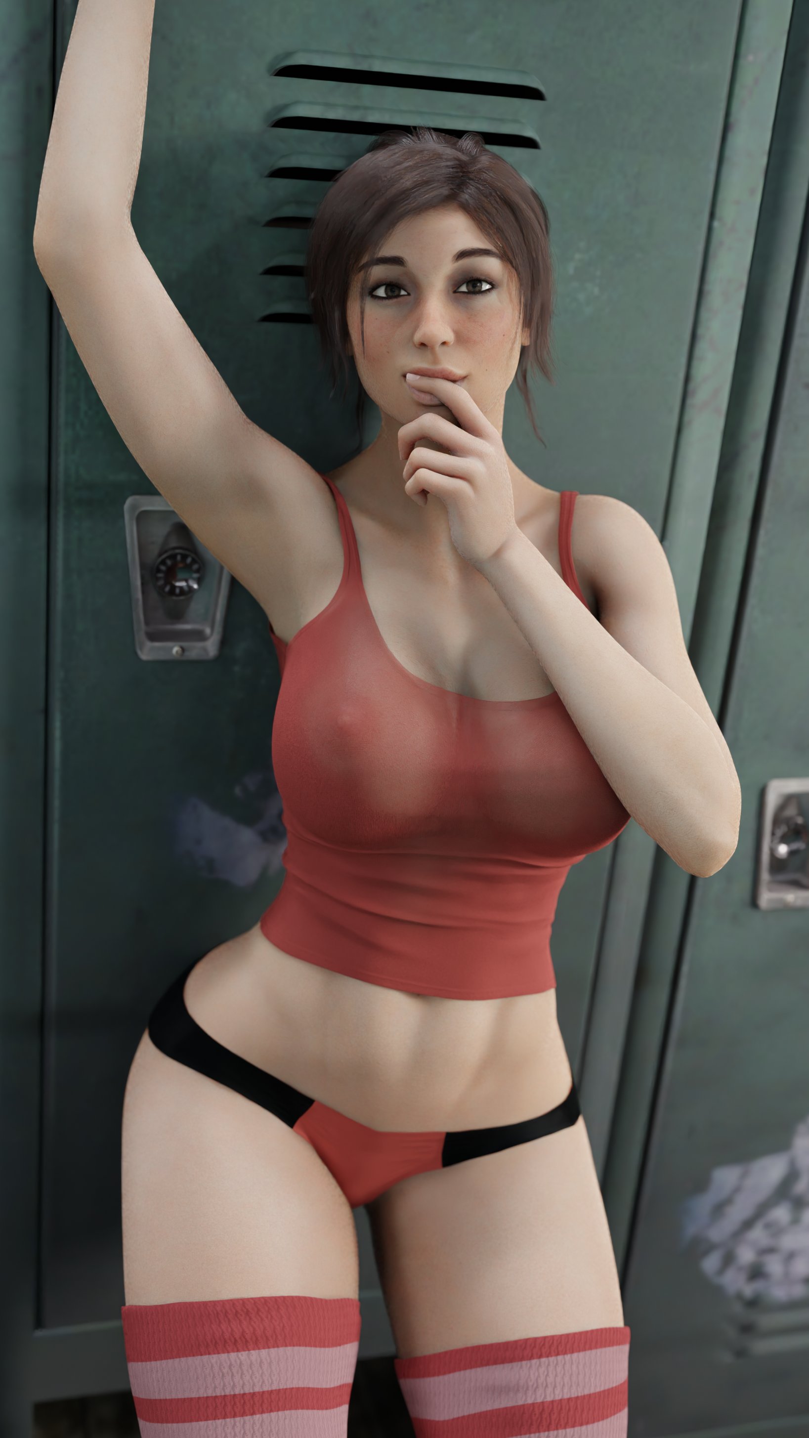 3d, abs, areolae, armpits, arms up, athletic, athletic female, big breasts, breasts, brown eyes, brown hair, busty, female, female focus, female only, hourglass figure, lara croft, lara croft (survivor), long hair, nipples, nipples visible through clothing, panties, ponytail, pose, posing, see-through, standing, tagme, tank top, tanuking3d, thighhighs, tomb raider, tomb raider (survivor), toned, toned female, wide hips