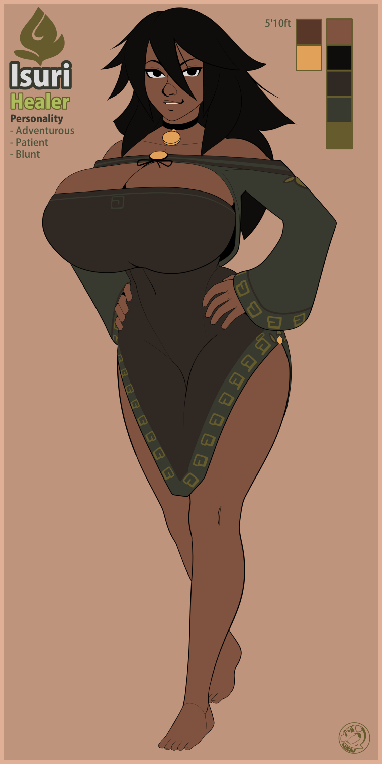 1girls, bare legs, bare shoulders, big breasts, black eyes, black hair, breasts, breasts bigger than head, cleavage, clothing, dark skin, dark-skinned female, female, female only, hands on hips, huge breasts, human, long hair, neozoa, nz naughty, original character, simple background, smile, solo, wide hips