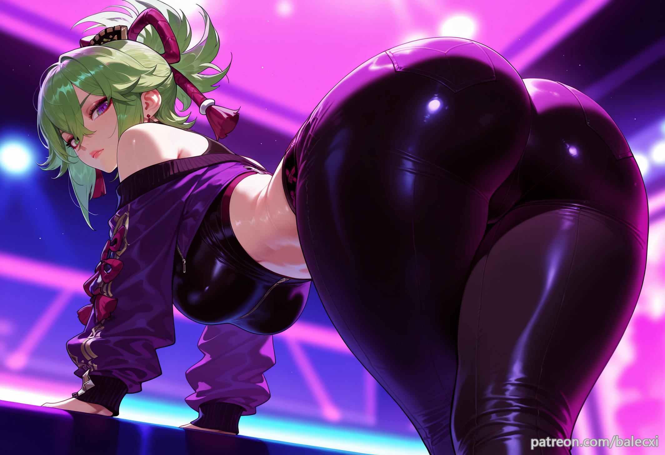 ai generated, ass, ass focus, balecxi, bare shoulders, bent over, breasts, crop top, female, from behind, genshin impact, green hair, hair between eyes, inazuma girls, kuki shinobu, large breasts, looking at viewer, looking back, ponytail, purple eyes, purple jacket, solo, thighs, tight pants