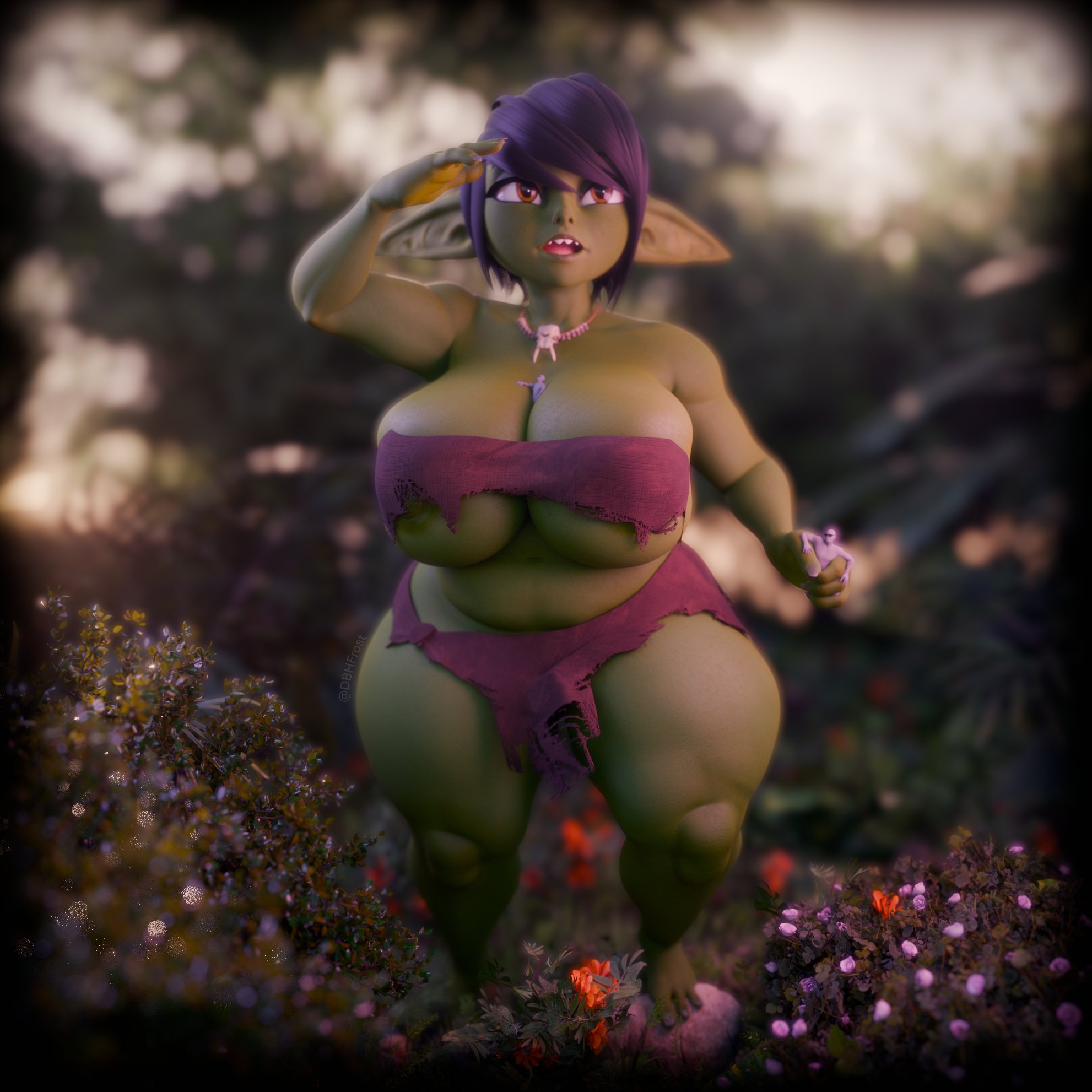 1boy, 1girls, 2boys, 3d, anon, anonymous male, big breasts, black hair, black-haired female, breasts, clothed, clothed female, dbhfrost, female, female focus, giantess, gobbo (scrag boy), goblin, goblin ears, goblin female, green skin, green skinned female, large boobs, large breasts, male, shortstack, shrunk, shrunken, shrunken male, thick thighs, thighs