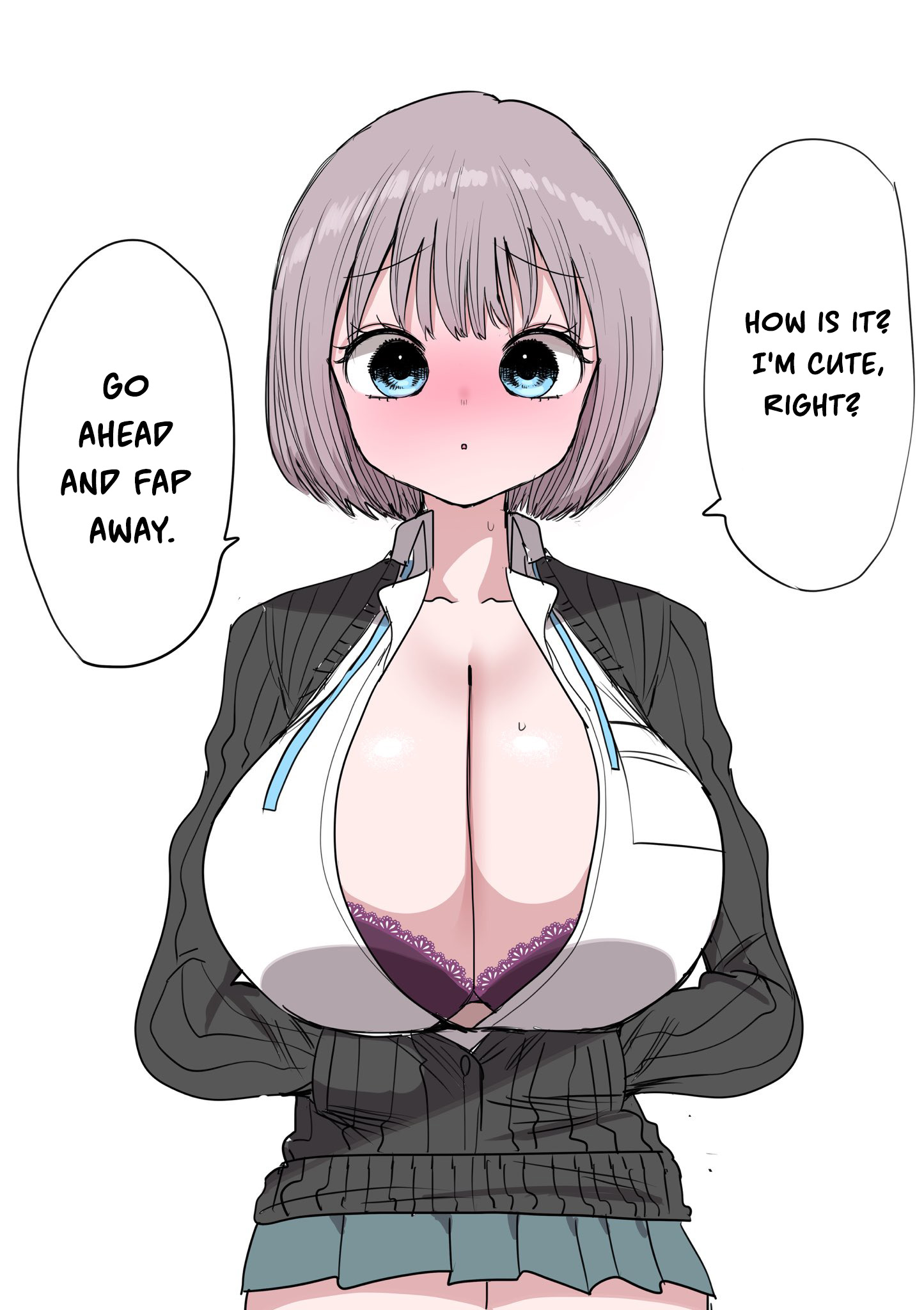 black cardigan, blue eyes, blush, bob cut, botsuko-chan (zurikishi), bra, breast pocket, breasts, cardigan, cleavage, female, full-face blush, grey hair, hair between eyes, highres, huge breasts, lace, lace trim, lace-trimmed bra, looking at viewer, original, pink bra, pocket, shirt, short hair, simple background, solo, speech bubble, translation, unbuttoned, unbuttoned shirt, underwear, white background, zurikishi
