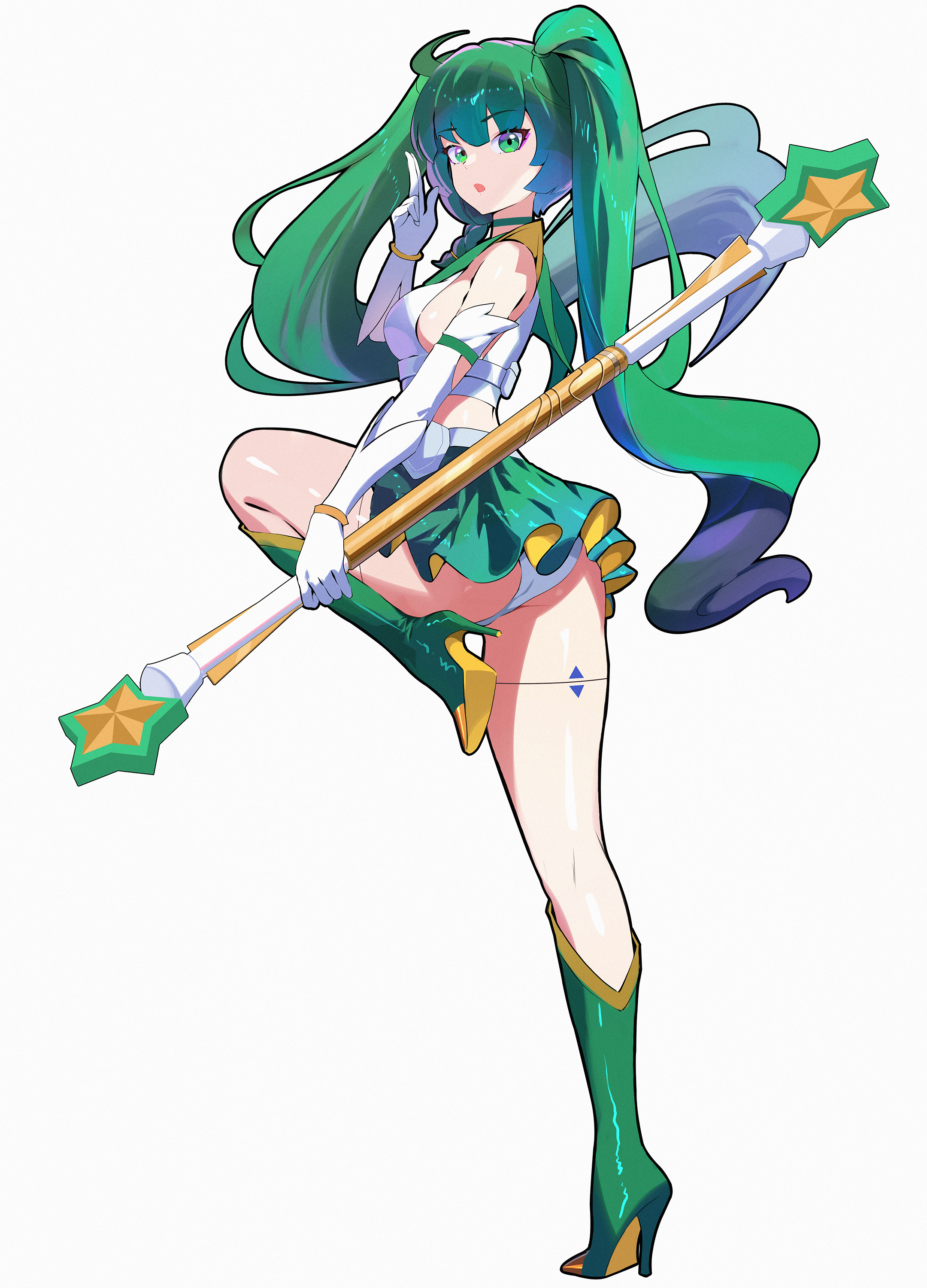 1girls, ass, bare legs, boots, breasts, clothing, female, female only, full body, green eyes, green hair, heels, high heel boots, high heels, holding object, light skin, light-skinned female, looking at viewer, magical girl, medium breasts, midriff, miniskirt, one leg up, open mouth, panties, qingyi (zenless zone zero), robot girl, sideboob, skirt, sleeveless, solo, thick thighs, white background, zenless zone zero