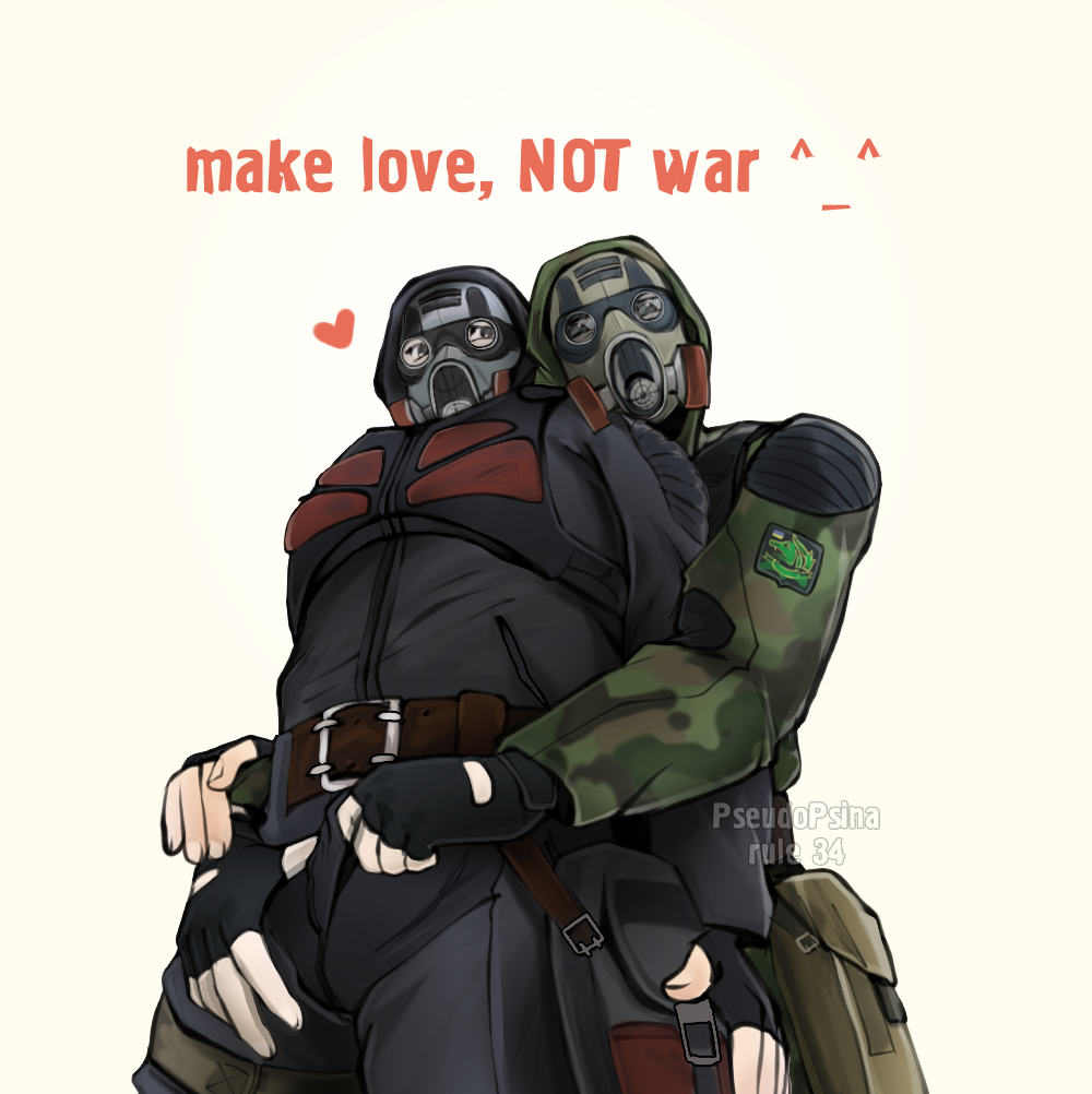 duty (s.t.a.l.k.e.r.), english text, freedom (s.t.a.l.k.e.r.), fully clothed, gas mask, gay, male, male/male, pseudopsina, s.t.a.l.k.e.r., s.t.a.l.k.e.r. (character), text, uniform
