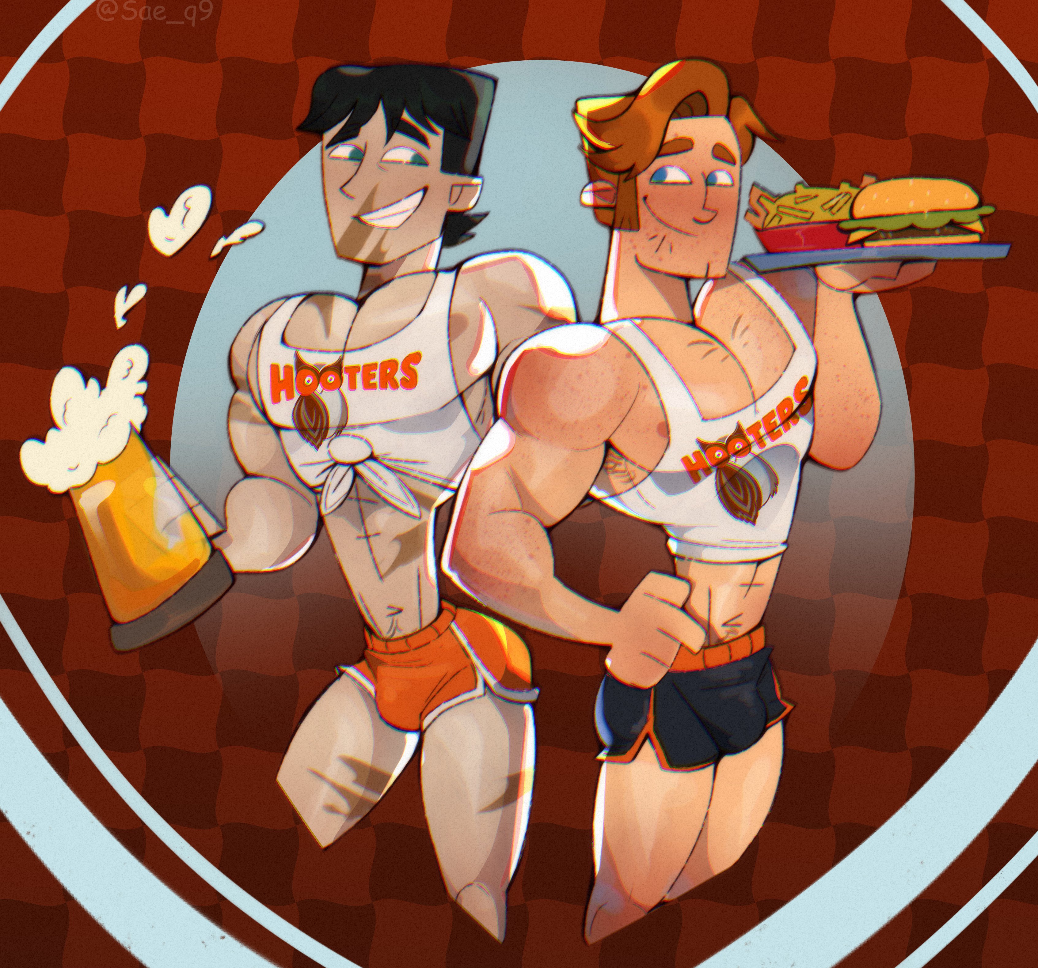 2boys, bara, beer, biceps, black hair, blue eyes, bulge, checkered, checkered background, disventure camp, dolphin shorts, femboy, femboy dilf, gay, gay male, green eyes, holding drink, holding tray, hooters, logan (disventure camp), male, male focus, male only, muscular, muscular arms, muscular male, nipples, odd nation cartoons, pattern background, pecs, pectorals, sae q9, scar, scar on face, shorts, smile, standing, thighs, tied shirt, tom (disventure camp), waiter, yaoi