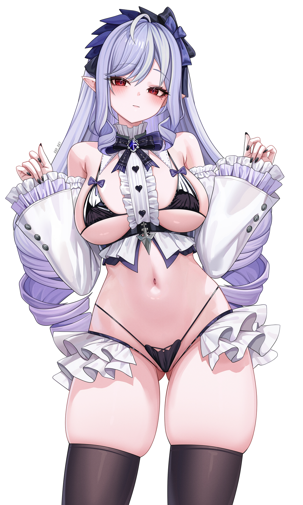 1girls, abpart, artist name, black bra, black nails, black panties, black thighhighs, blush, bra, closed mouth, commentary request, female, female only, fingernails, gluteal fold, groin, hands up, highleg, highleg panties, highres, light blush, long hair, long sleeves, looking at viewer, mole, mole under eye, multicolored hair, nail polish, navel, panties, partial commentary, pointy ears, purple hair, red eyes, sidelocks, simple background, skindentation, solo, stockings, stomach, streaked hair, thighhighs, thighs, underwear, very long hair, vivian (zenless zone zero), vivian banshee, white background, white sleeves, zenless zone zero