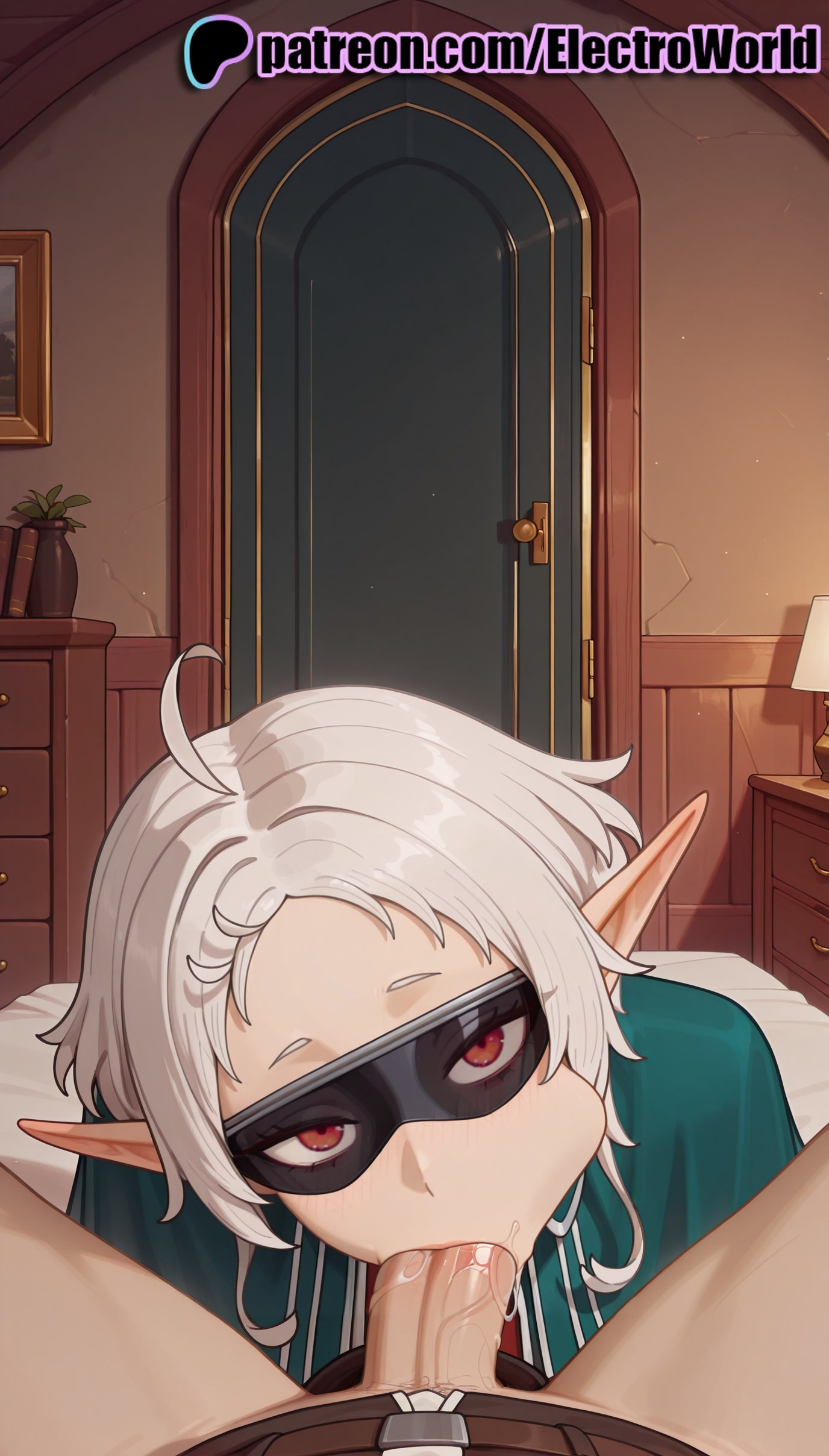 1boy, 1girls, 2025, ai generated, artist name, blowjob, blowjob face, book, bookshelf, cheek bulge, cock, desk, dick, electroworld, elf, fellatio, female, hi res, high quality, high resolution, highres, indoors, licking, long pointy ears, male, mushoku tensei, mushoku tensei: isekai ittara honki dasu, oral, oral sex, patreon, patreon username, penis, plant, pointy ears, potted plant, pov, red eyes, solo focus, stable diffusion, straight, sucking, sylphiette (mushoku tensei), watermark