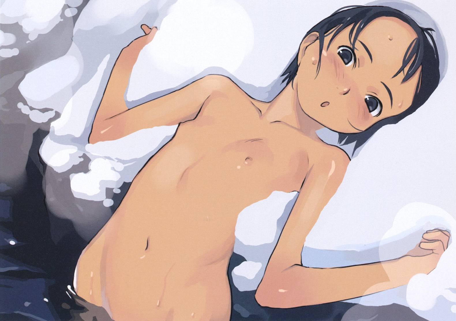 black_eyes black_hair blush flat_chest lying nude onsen short_hair snow sweat takamichi