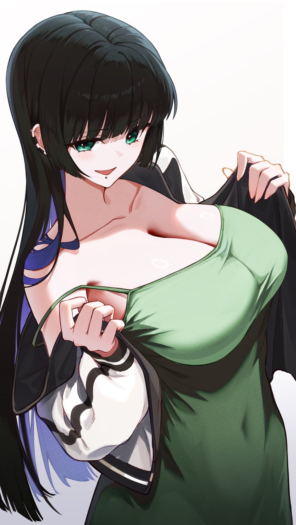 1girls, adult, adult female, alternate clothing, bare chest, bare shoulders, bare skin, big breasts, black coat, black hair, black jacket, black-haired female, bocchi the rock!, breasts, bust cup, busty, busty female, cleavage, clothes, coat, collarbone, dress, exposed chest, exposed shoulders, exposed skin, female, female focus, female only, fingernails, fingers, green clothes, green dress, green eyes, green outfit, green topwear, green-eyed female, head tilt, high resolution, highres, huge breasts, jacket, large breasts, lean figure, lip piercing, long hair, looking at viewer, looking up, looking up at viewer, mature, mature female, mouth piercing, narrow waist, open coat, open jacket, open mouth, open mouth smile, outfit, pa-san, paintchuuni, parted lips, pierced lip, plump breasts, shoulders, simple background, slender body, slender waist, slim waist, smile, smiley face, smiling, smiling at viewer, solo, standing, tilted head, tongue, topwear, upper body, white background