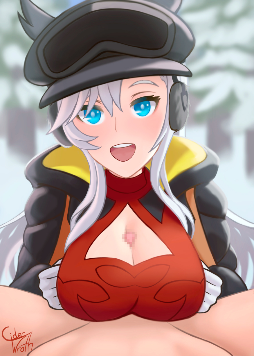 1boy black_jacket blue_eyes breasts ciderwrath cleavage_cutout clothing_cutout dragalia_lost ear_covers earmuffs female forest gloves goggles goggles_on_head highres ilia_(dragalia_lost) jacket large_breasts looking_at_viewer male nature open_clothes open_jacket open_mouth paizuri red_shirt shirt signature snow white_gloves white_hair