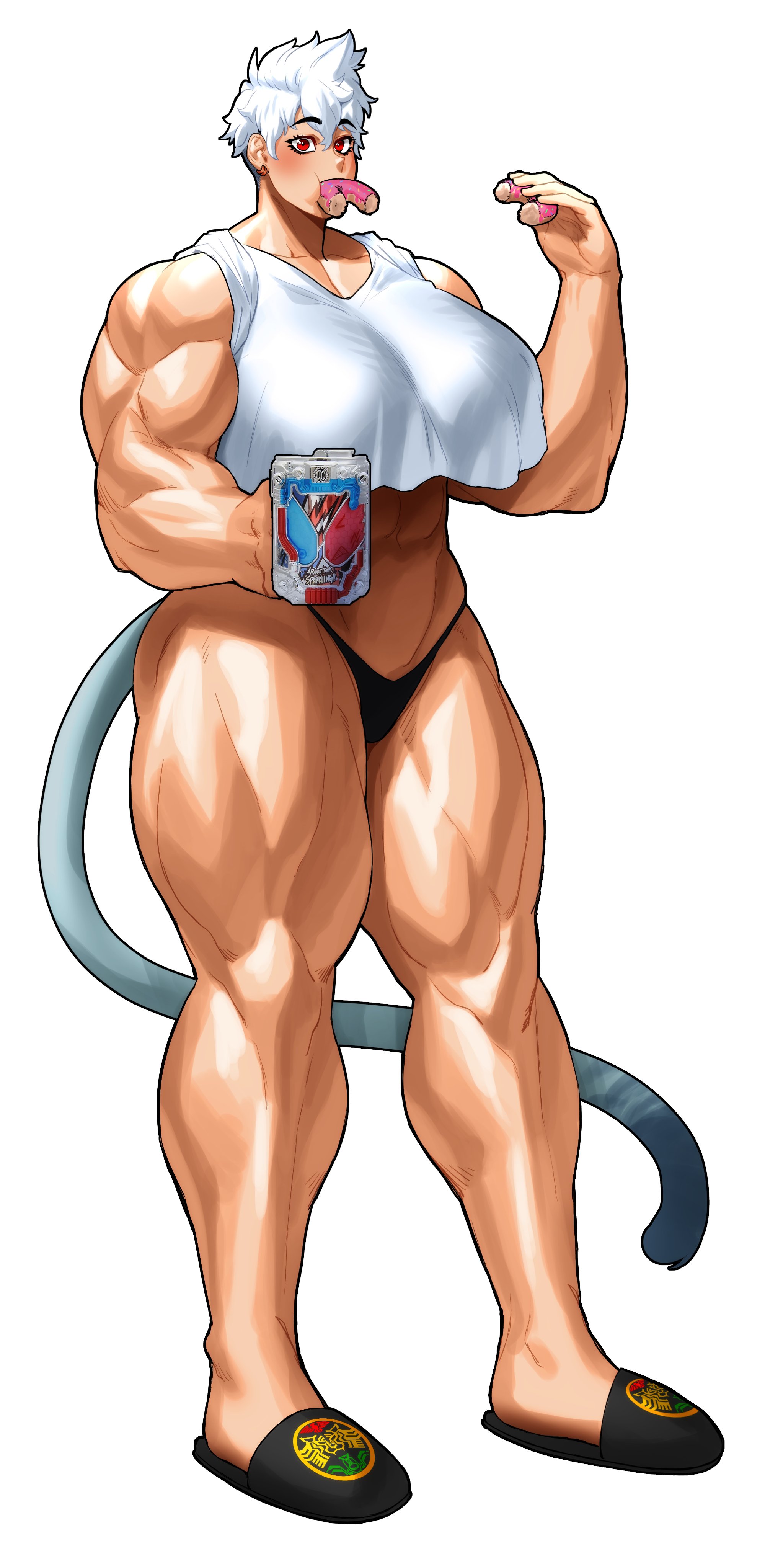 1girls, 2d, abs, athletic, athletic female, biceps, big breasts, breasts, dragon ball, fan character, female, kamen rider, kamen rider build (series), kamen rider ooo (series), kei (subway gorilla), large breasts, muscles, muscular, muscular arms, muscular female, muscular legs, muscular thighs, pecs, red eyes, saiyan, saiyan female, short hair, slippers, solo, solo female, sotcho, tail, white background, white hair