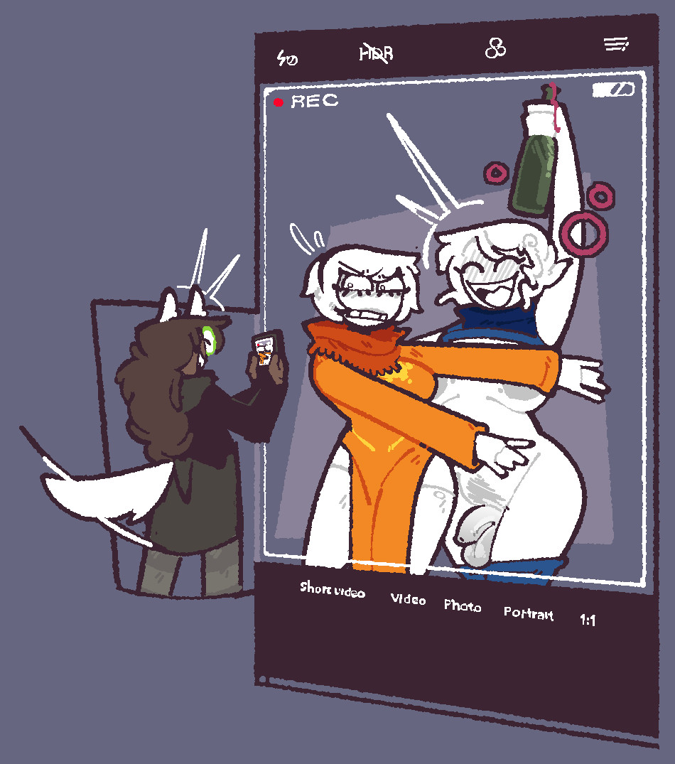 areolae, big breasts, bottomless, breasts, clothed, covering, covering with hands, drunk, drunk bubble, female, futanari, homestuck, intersex, jade harley, looking at photo, male, ms paint adventures, partially clothed, partially nude, penis, photo, rose lalonde, roxy lalonde, slightly chubby, small penis, thick thighs, trans woman, transfem, wine, wine bottle, xenopavilia