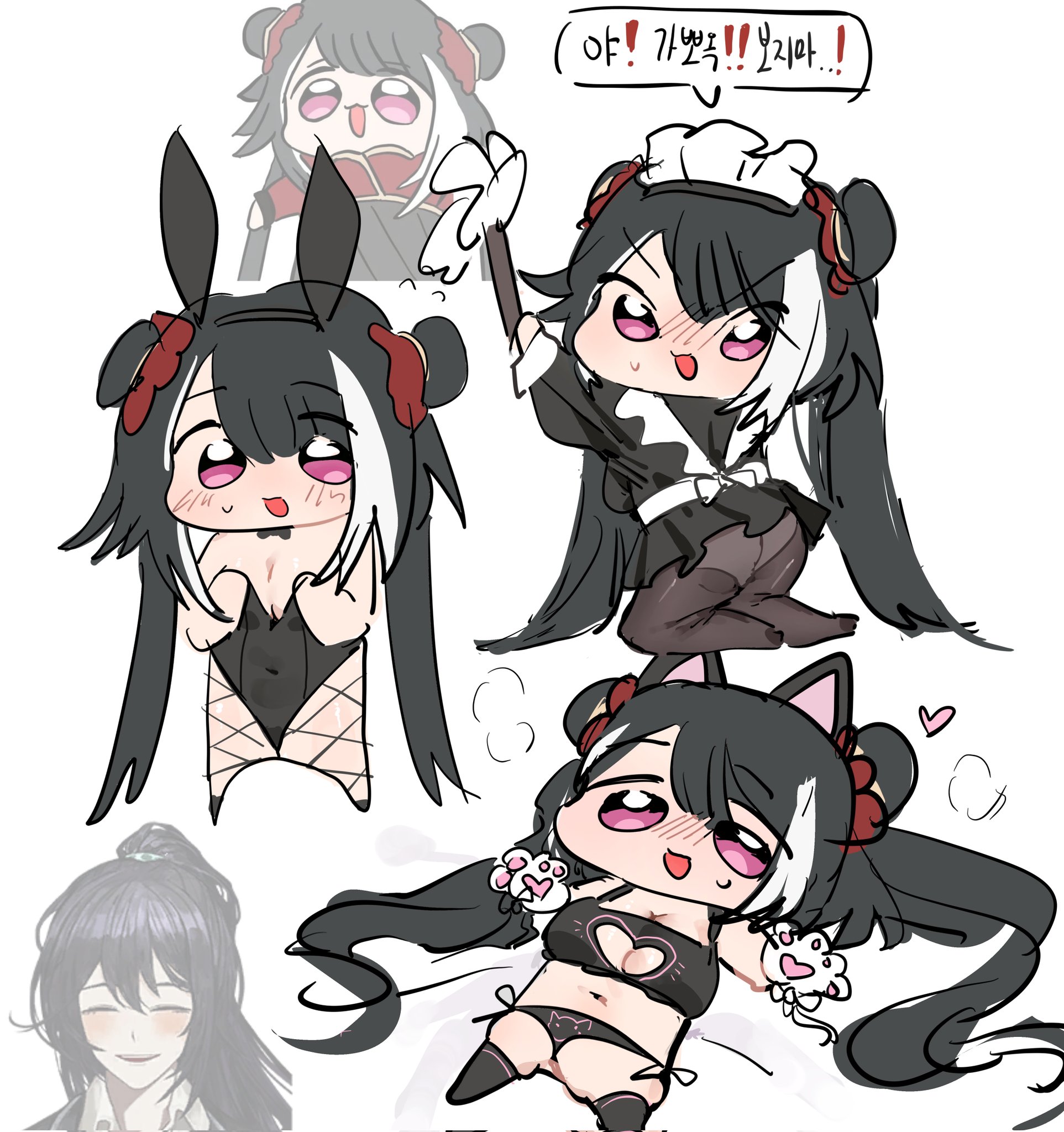 bunny ears, bunnysuit, chibi, cute, hong lu (limbus company), jia xichun (limbus company), korean text, lewd, limbus company, maid, meme, project moon, tagme, xichun creature