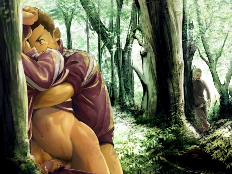 3boys, against tree, anal, censored, cum, cum in hand, forest, from behind, gay, gym clothes, gym uniform, handjob, male, male only, male/male, masturbation, mentaiko, multiple boys, multiple males, muscles, nature, outdoors, penis, pointless censoring, reach around, school, schoolboy, shirt lift, uniform, voyeurism, woods, yaoi