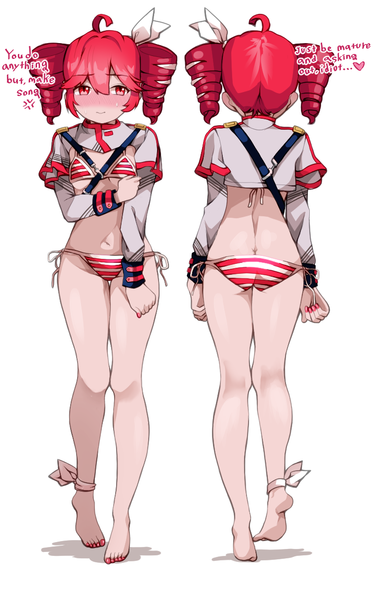 1girls, 2d, 2d (artwork), ahoge, ass, back view, bikini, blush, breasts, cropped jacket, dialogue, embarrassed, embarrassed female, english dialogue, english text, female, female only, front view, hair ornament, hairbow, kasane teto, kasane teto (sv), n0 image, nail polish, navel, painted nails, red eyes, red hair, red nails, side-tie bikini, slim waist, small breasts, solo, solo female, striped bikini, synthesizer v, text, thigh gap, thighs, twin drills, utau, white background