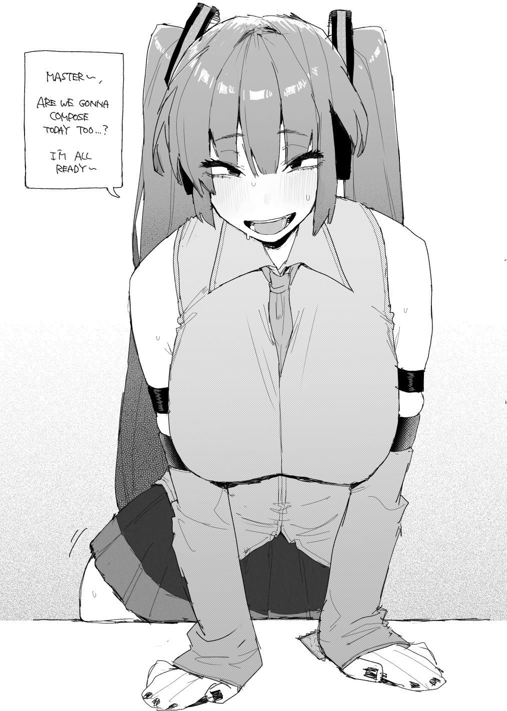 1girl, bangs, bare shoulders, blush, breasts, clothed, clothed female, detached sleeves, english text, female, female masturbation, greyscale, hatsune miku, large breasts, long hair, long sleeves, looking at viewer, masturbation, monochrome, necktie, ohasi, open mouth, pleated skirt, skirt, smile, solo, sweat, sweatdrop, twintails, vocaloid