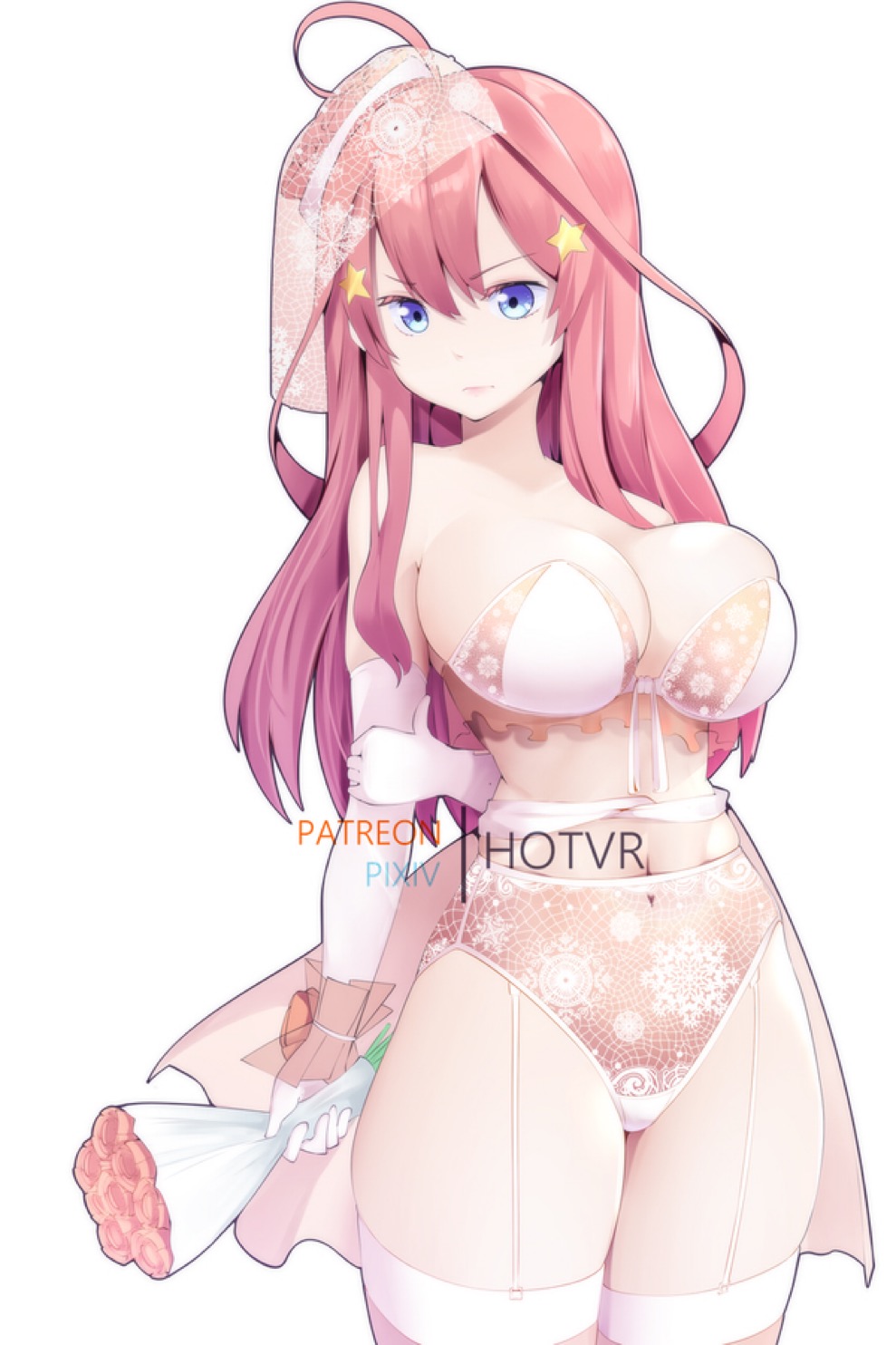 1girls, ahoge, arms behind back, big breasts, blue eyes, bouquet, breasts, brown hair, female, garter straps, gloves, go-toubun no hanayome, hotvr, long hair, nakano itsuki, red hair, solo, star hair ornament, strapless top, thighs, wedding dress, wedding lingerie, white gloves
