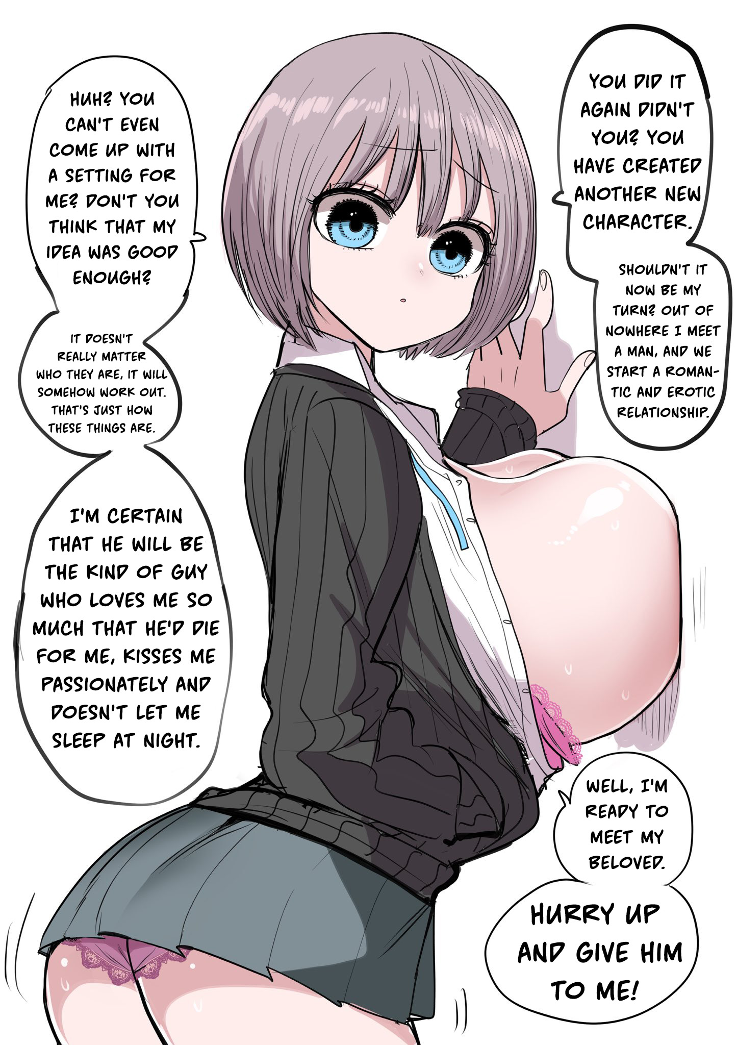 against wall, ass, black cardigan, blue eyes, bob cut, botsuko-chan (zurikishi), bra, breasts, cardigan, cleavage, female, from side, grey hair, grey skirt, highres, huge breasts, lace, lace trim, lace-trimmed bra, lace-trimmed panties, looking at viewer, original, panties, pink bra, pink panties, shirt, short hair, simple background, skirt, solo, speech bubble, translation, unbuttoned, unbuttoned shirt, underwear, wardrobe malfunction, white background, zurikishi
