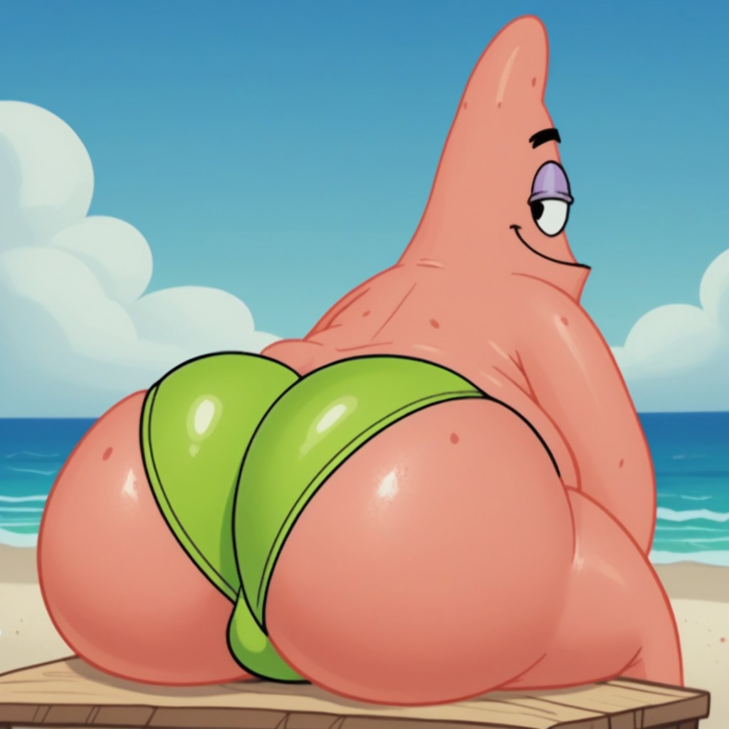 1boy, ai generated, anthro, ass, beach, bedroom eyes, bench, big ass, blue sky, clothing, clouds, echinoderm, enormous ass, fat, fat ass, fat male, green thong, huge ass, large ass, looking back, male, male only, marine, nickelodeon, obese, obese male, ocean, outdoors, overweight, overweight male, patrick star, pink body, sitting, smile, solo, solo focus, solo male, spongebob squarepants, starfish, thick ass, thong, water