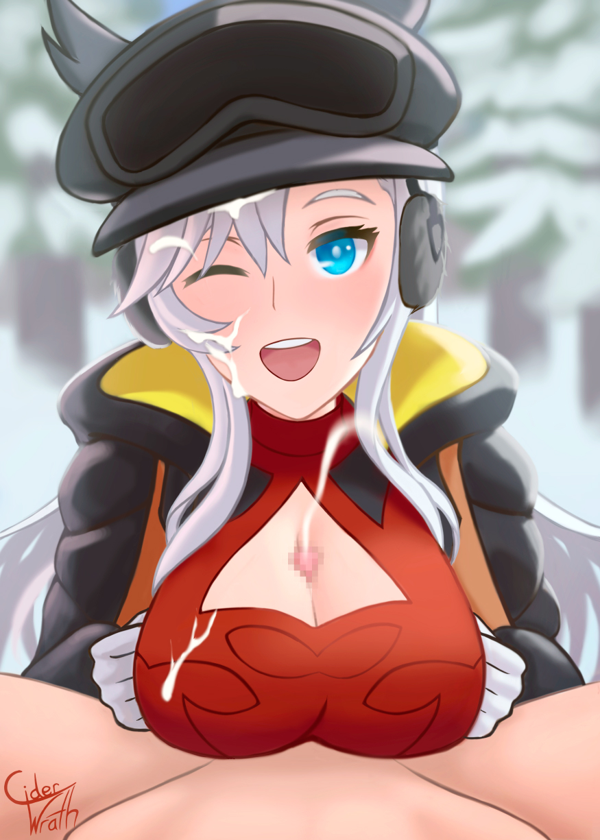 1boy black_jacket blue_eyes breasts ciderwrath cleavage_cutout clothing_cutout cum cum_on_body dragalia_lost ear_covers earmuffs ejaculation facial female forest gloves goggles goggles_on_head highres ilia_(dragalia_lost) jacket large_breasts looking_at_viewer male nature one_eye_closed open_clothes open_jacket open_mouth paizuri red_shirt shirt signature snow white_gloves white_hair