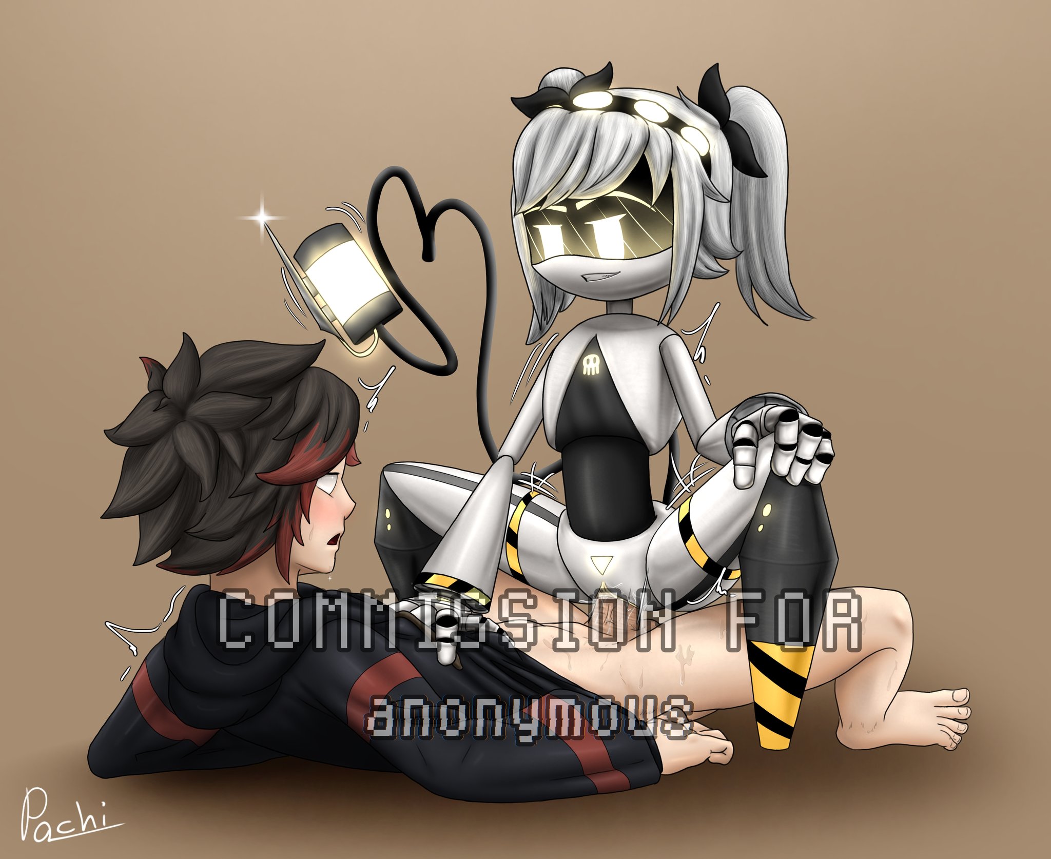1boy, 1girls, accurate art style, anon, anonymous male, artist name, artist signature, black hair, blush, blush lines, blushing female, blushing male, clothing, female, female on top, glitch productions, human, j (murder drones), male, murder drones, murder drones x humans, nude, nude female, nude male, oc, original character, pachinsfw, penis, penis in pussy, pussy, robot, robot girl, robot humanoid, sex, silver hair, straight sex, sweat, sweating, sweaty, watermark, white eyes, yellow eyes