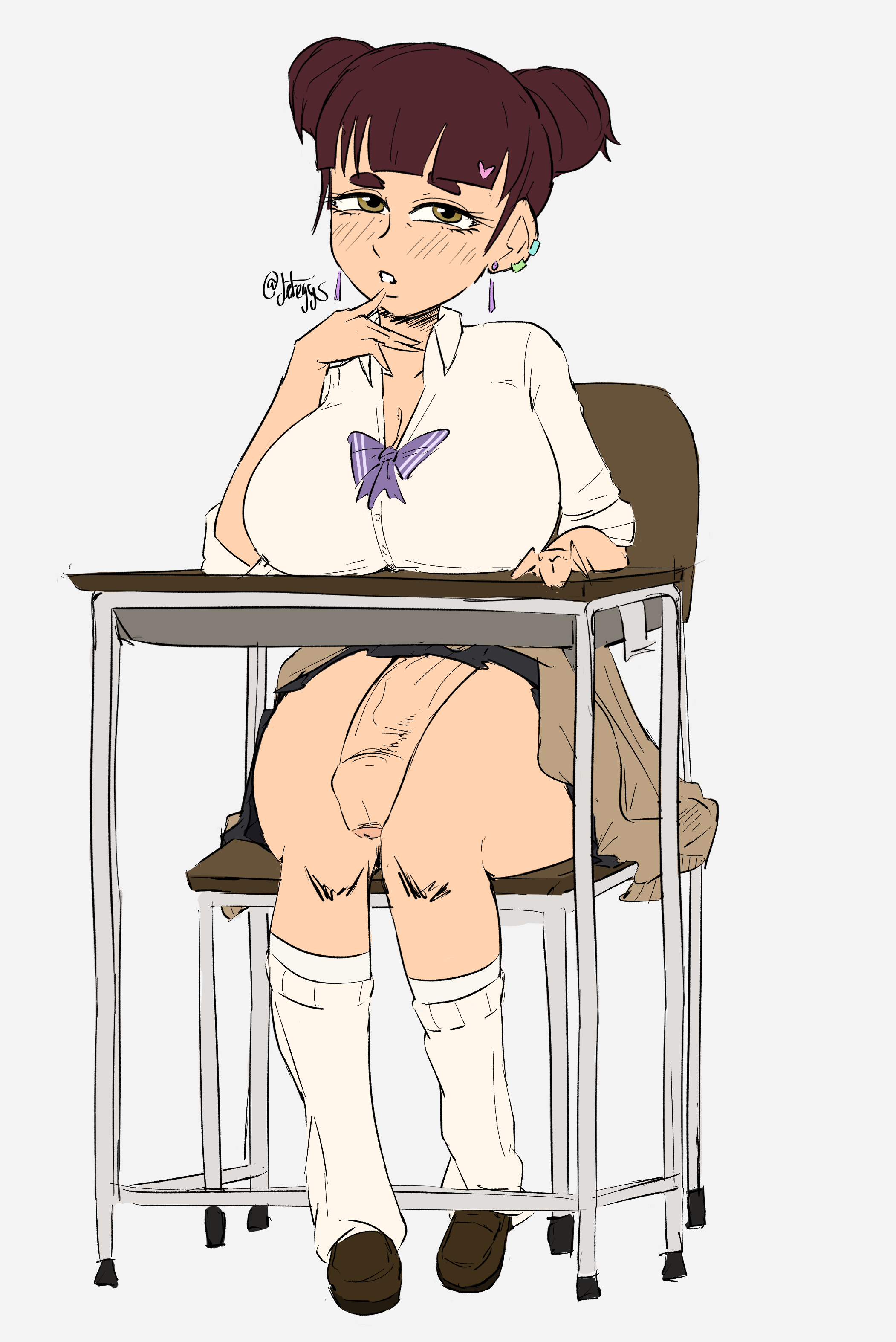1futa, 1girls, breasts, desk, double bun, earrings, female, foreskin, futa focus, futa only, futanari, gyaru, huge cock, intersex, jeteggs, large breasts, large penis, loafers, looking at viewer, open clothes, original, original character, penis, school desk, school uniform, schoolgirl, schoolgirl uniform, sitting, skirt, solo, solo focus, sweater around waist, uncircumcised, uniform