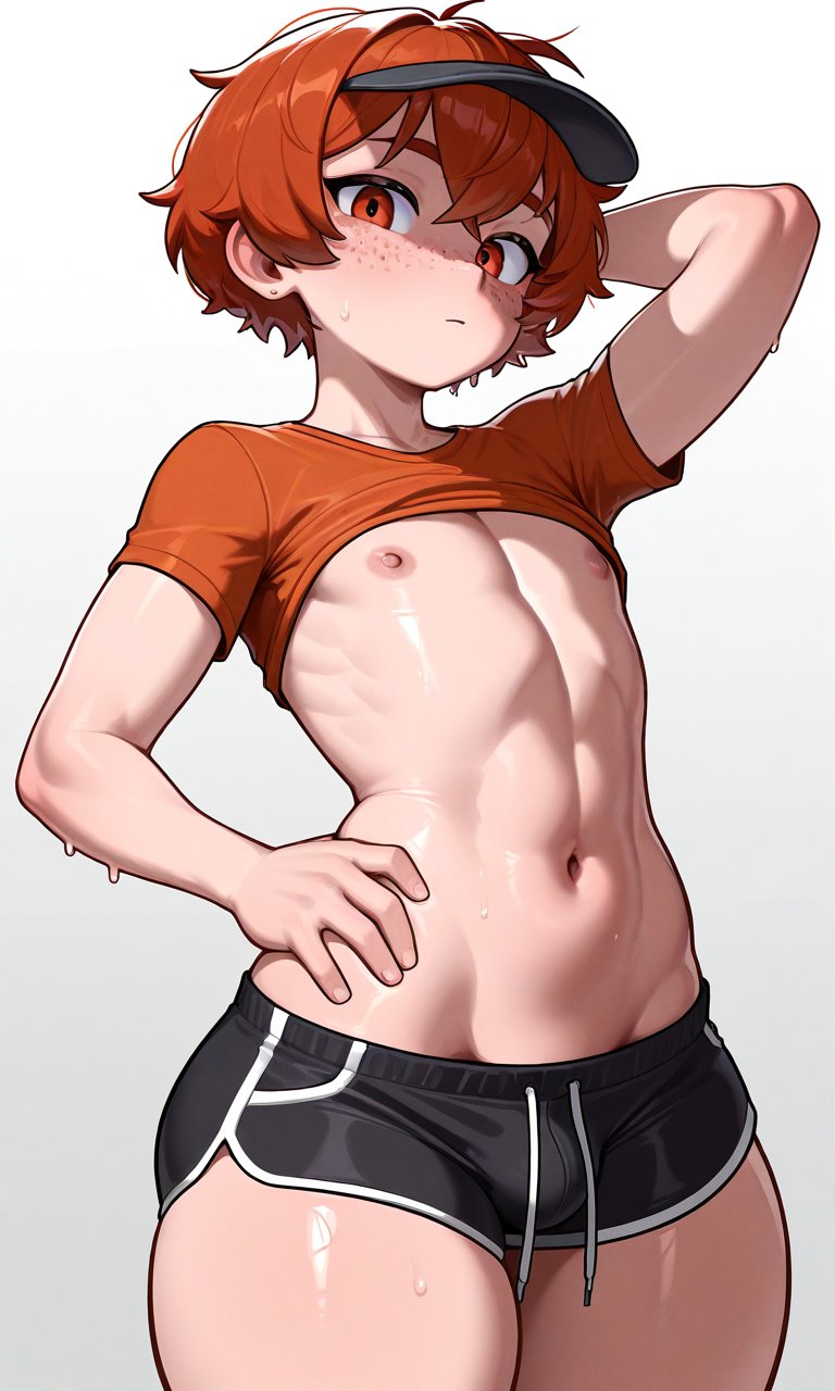 1boy, ai generated, cute male, femboy, flat chest, freckles, male, short hair, teenager, thick thighs