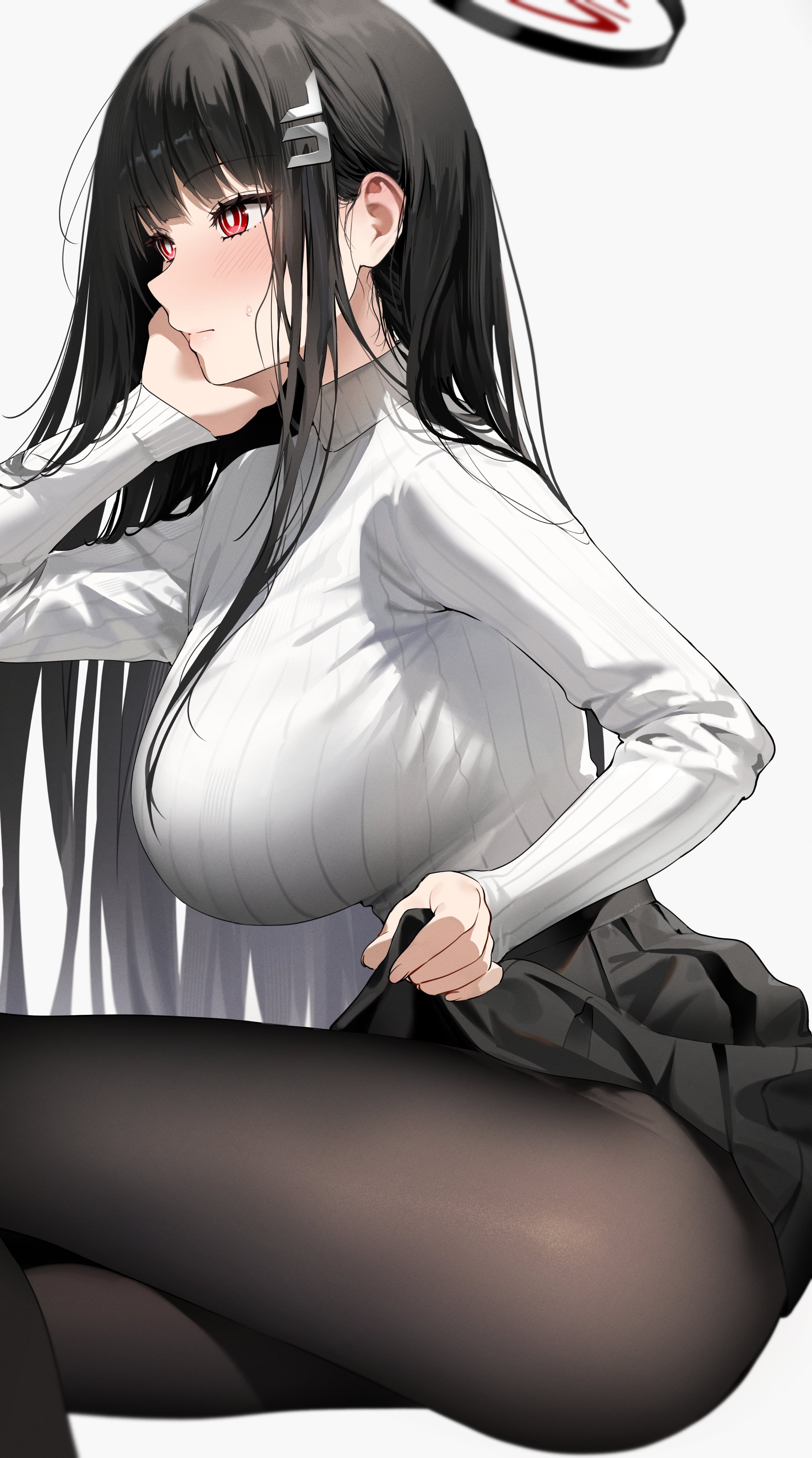 1girls, absurdres, ayoni 623, black hair, black skirt, blue archive, breasts, clothes lift, female, female only, from side, hair ornament, hairclip, halo, head on hand, highres, large breasts, long hair, pantyhose, pleated skirt, red eyes, ribbed shirt, rio (blue archive), shirt, sitting, skirt, skirt lift, solo, turtleneck, turtleneck shirt, very long hair