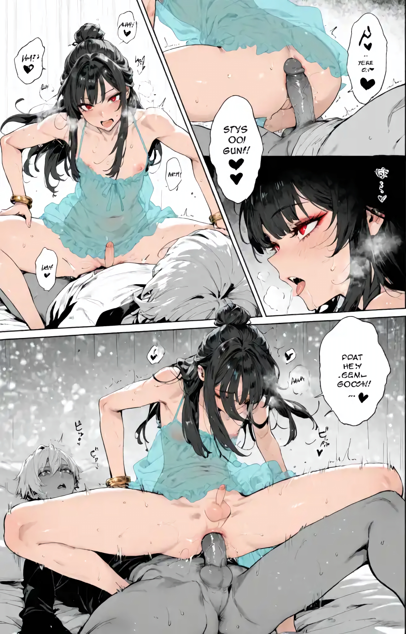 1femboy, 2boys, ai assisted, ai generated, anal, androgynous, balls, black hair, bracelets, comic, cowgirl position, crossdressing, crossdressing male, femboy, feminine, feminine male, gabimaru, gay, gay sex, girly, jigokuraku, long hair, male, male only, nightgown, penis, pov, red eyes, reneenjoyer, see-through, tattoo, testicles, trap, twink, yamada asaemon sagiri, yaoi