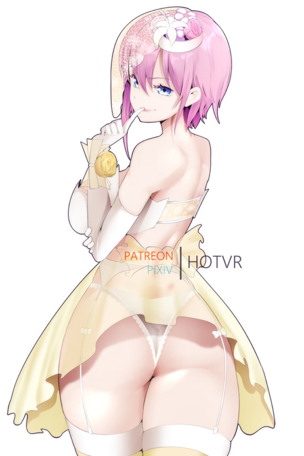 1girls, ass, blue eyes, finger to mouth, from behind, gloves, go-toubun no hanayome, hotvr, lipstick, lowres, medium ass, nakano ichika, pink hair, see-through clothing, short hair, sideboob, solo, wedding dress, wedding veil