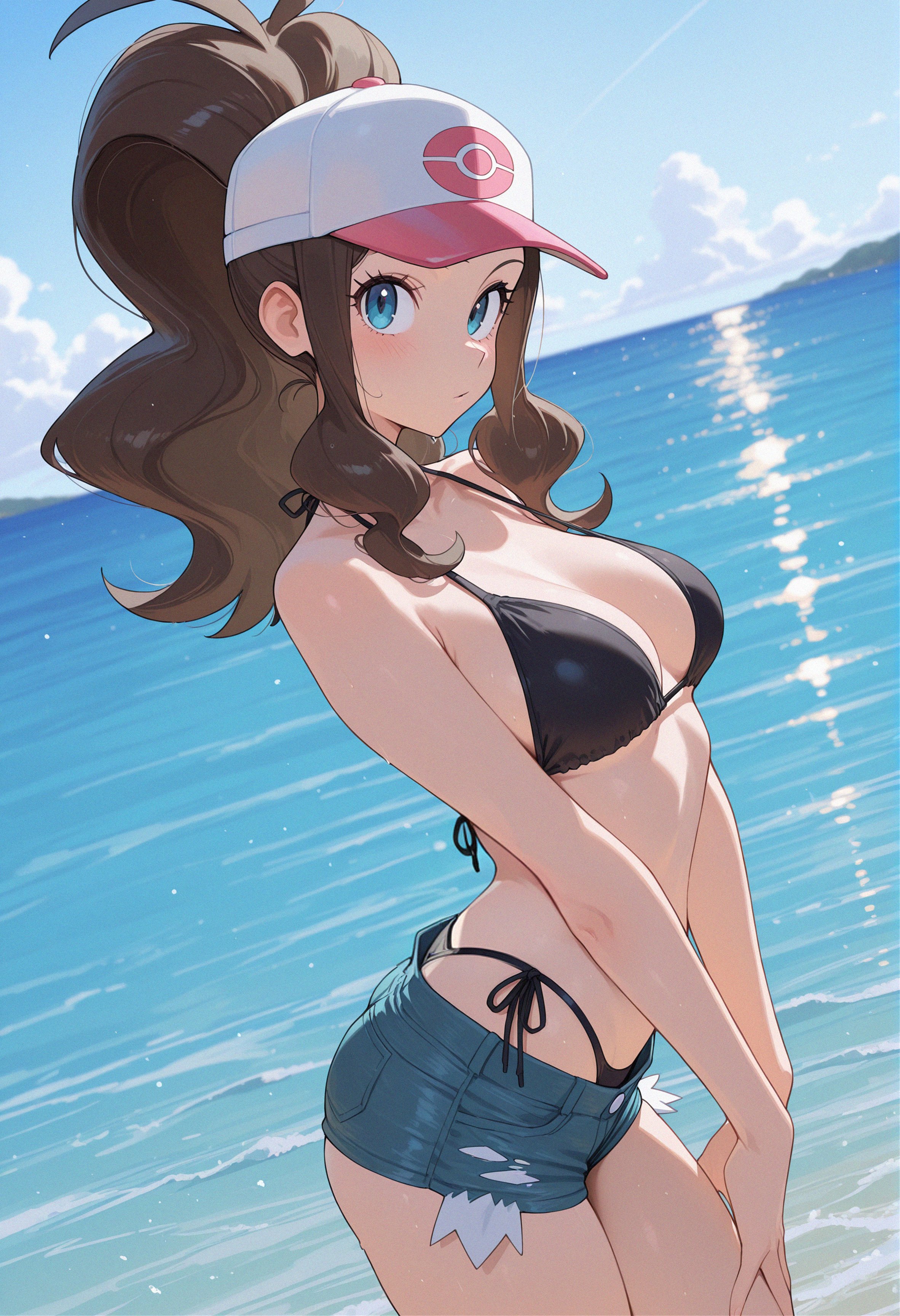 1girls, ai assisted, ai generated, bikini, blue eyes, breasts, brown hair, female, female only, hat, hilda (pokemon), nintendo, owari wan, pokemon, pokemon bw, shorts, swimsuit, tagme