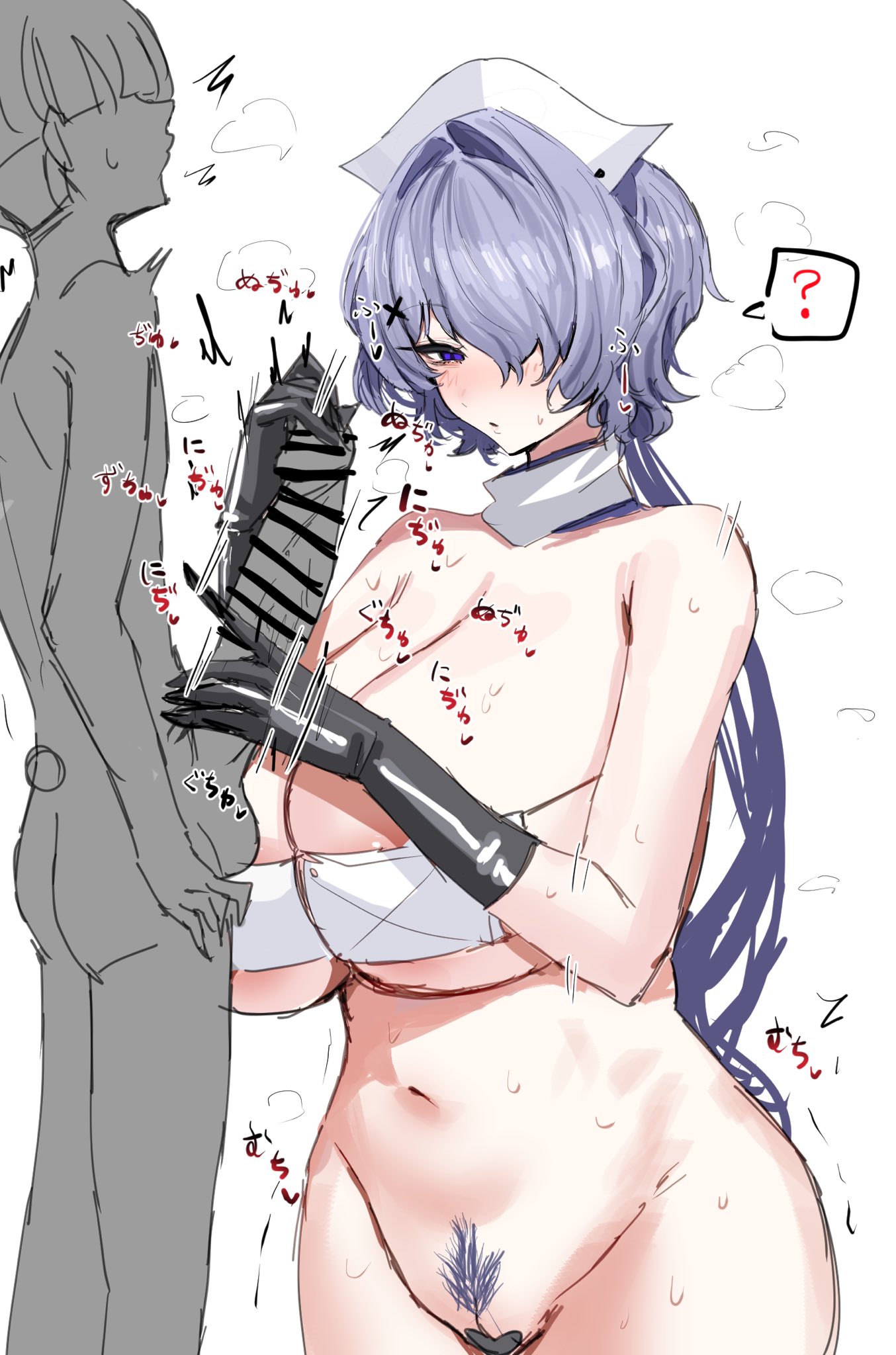 1boy, 1girls, arknights, bar censor, big breasts, big cock, big dom small sub, big penis, breasts, censor bar, censored, female, horn/wood, large breasts, male, masturbation, question mark, shivering, short hair, small but hung, small sub big dom, smaller male, tagme, whisperain (arknights), younger male