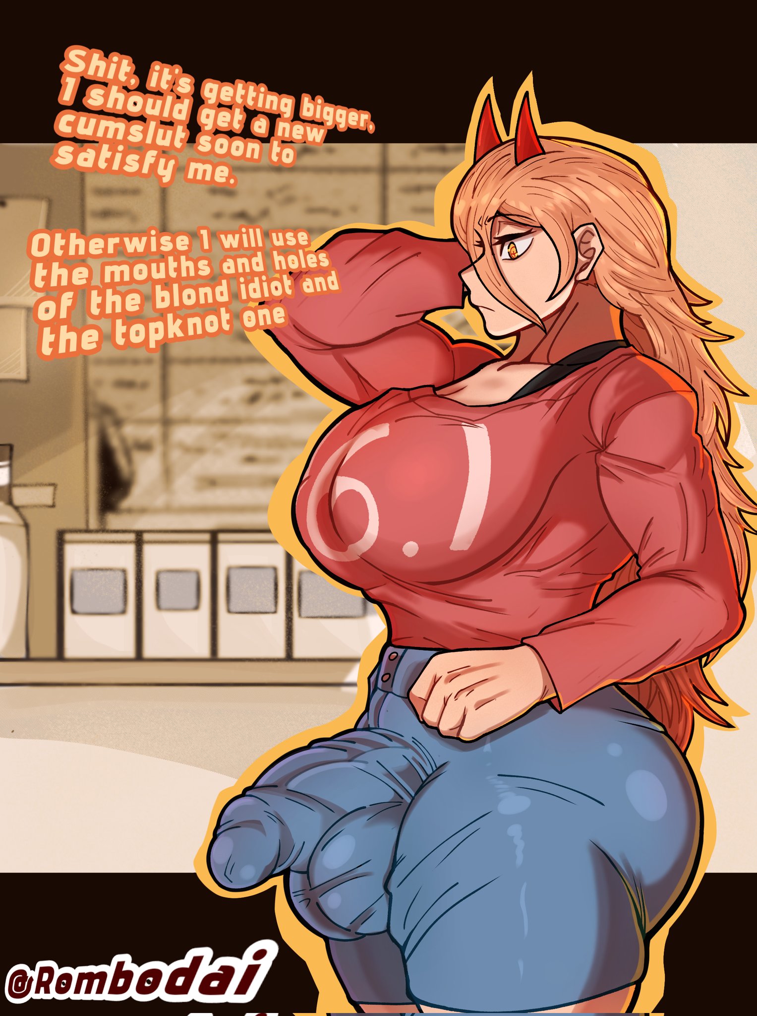 1futa, breasts, bulge, chainsaw man, clothed, clothing, erection under clothes, fully clothed, futa only, futanari, huge breasts, intersex, power (chainsaw man), rombodai, side view, standing