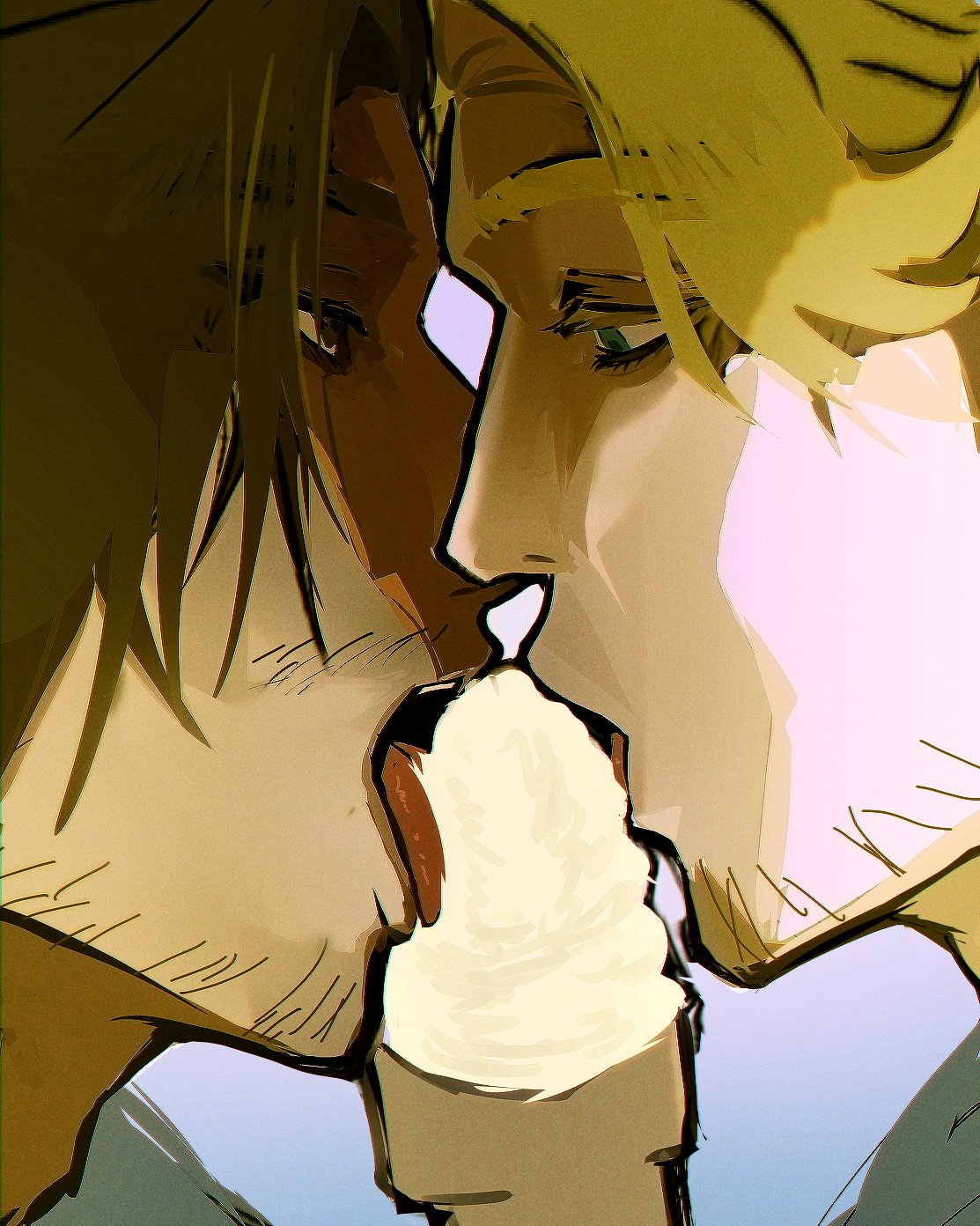 2boys, beard stubble, blonde-haired male, brown hair, close-up, curly (mouthwashing), gay, ice cream, ice cream cone, implied fellatio, jimmy (mouthwashing), licking ice cream, looking at another, male, mouthwashing, mouthwashing (game), phallic symbol, yaoi