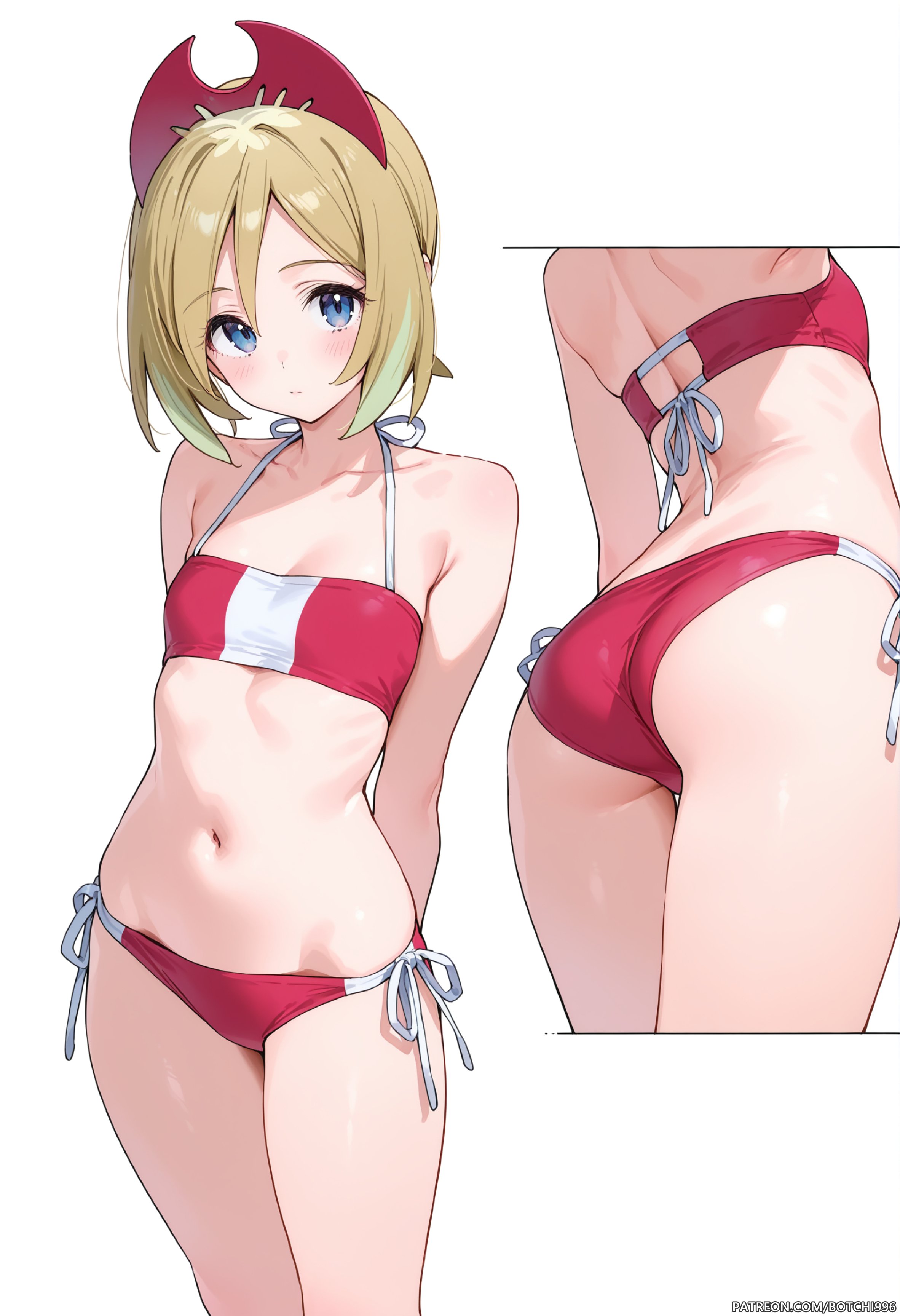 1girls, ai generated, ass, bikini, blonde hair, blue eyes, botchi996, breasts, female, female only, irida (pokemon), pokemon, swimsuit