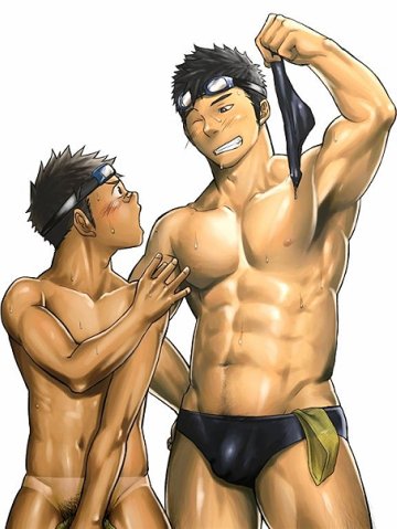 2boys age_difference armpits banana_hammock black_hair bulge gay goggles lowres male male/male male_only mentaiko multiple_boys muscle muscles penis_grab size_difference speedo swimsuit swimwear tanline tanlines undressing wink yaoi